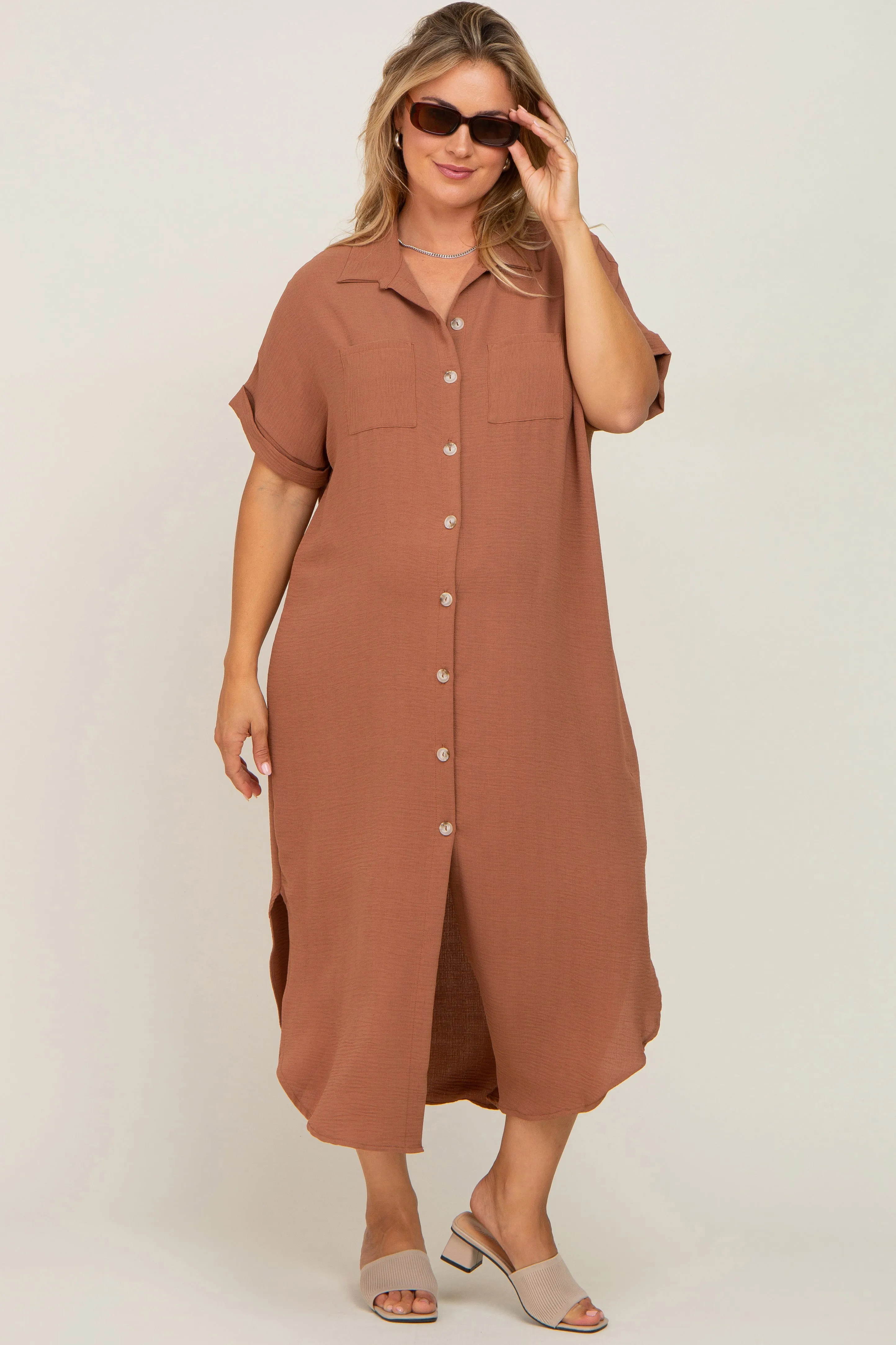 Mocha Button Down Hi Low Maternity Plus Maxi Dress sold by Pinkblush