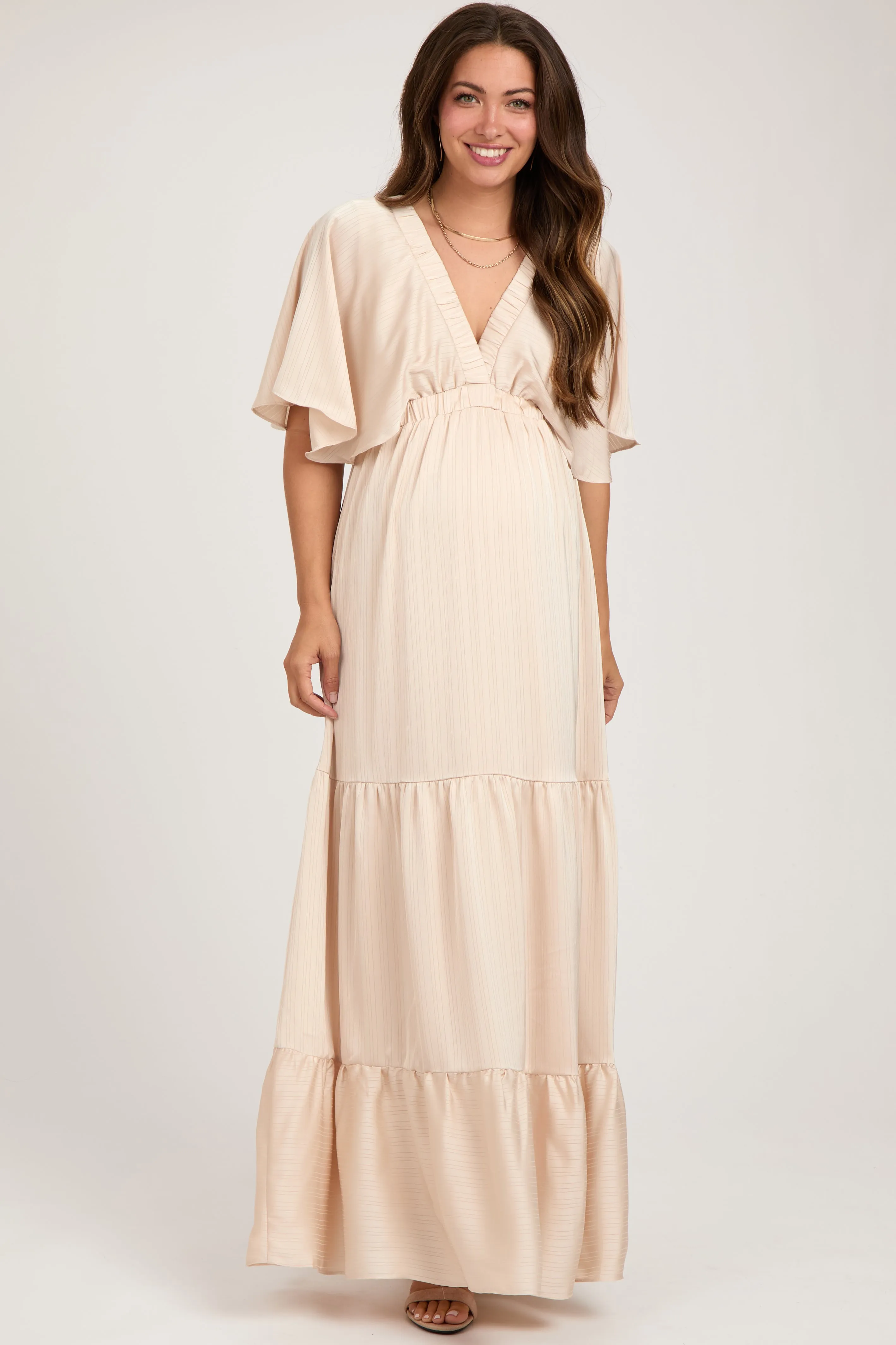 Beige V-Neck Flutter Sleeve Tiered Maternity Maxi Dress sold by Pinkblush