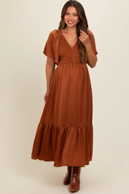 Camel Satin Smocked Maternity Midi Dress sold by Pinkblush