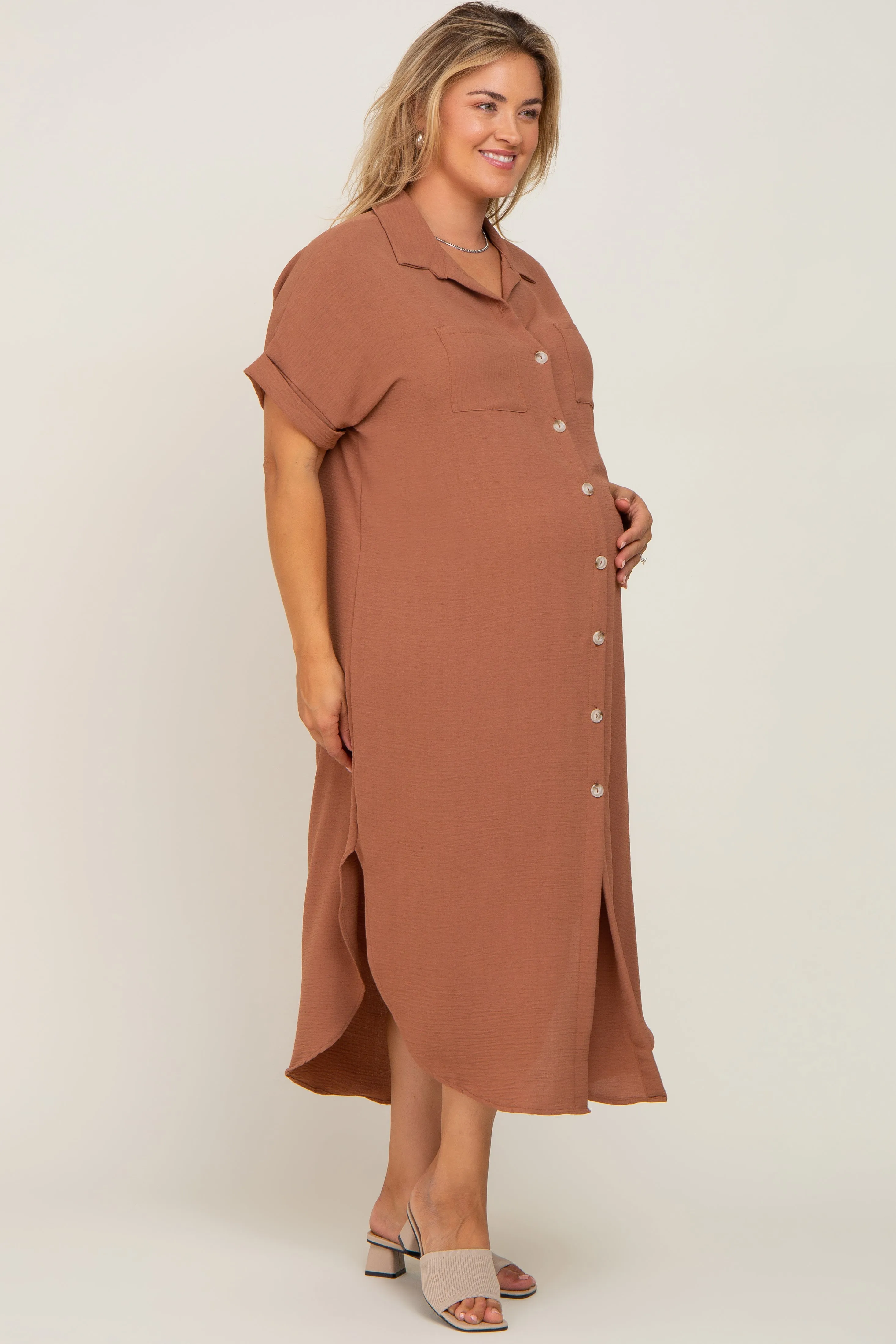 Mocha Button Down Hi Low Maternity Plus Maxi Dress sold by Pinkblush product image thumbnail 2