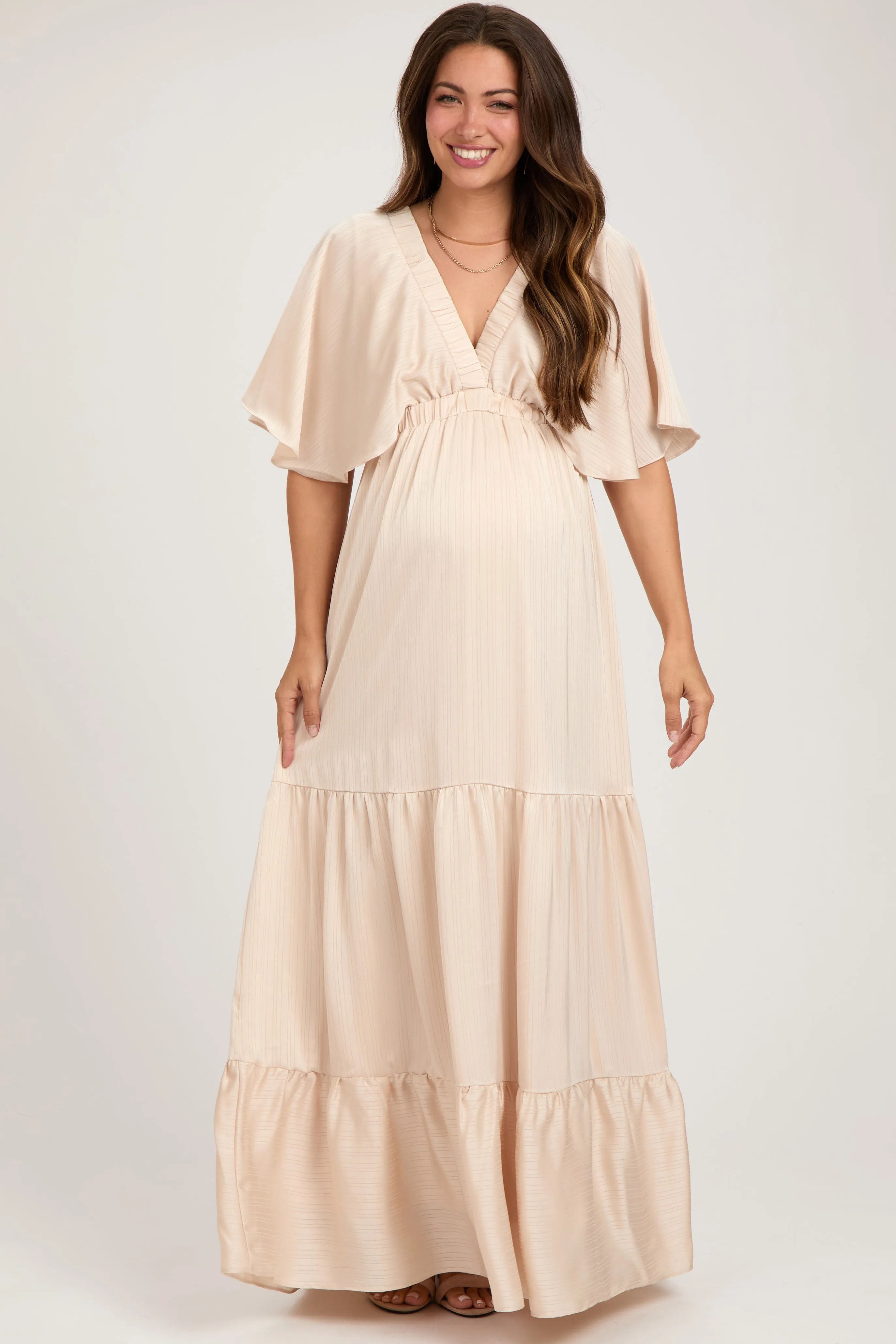 Beige V-Neck Flutter Sleeve Tiered Maternity Maxi Dress sold by Pinkblush product image thumbnail 2
