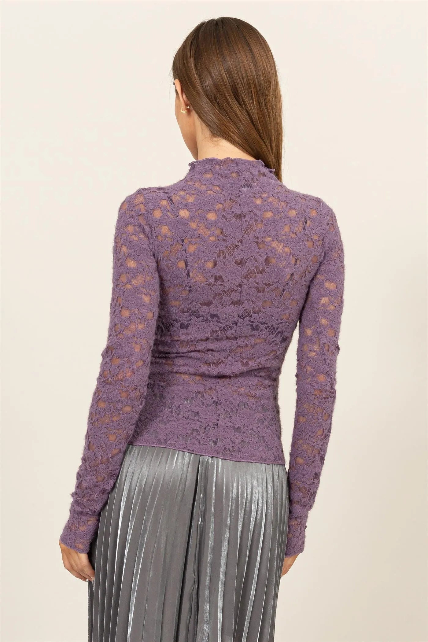 Purple Long Sleeve Brushed Lace High Neck Top sold by Pinkblush product image thumbnail 5