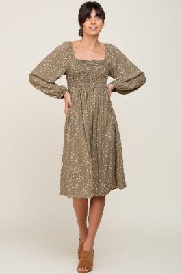 Olive Printed Long Sleeve Midi Dress sold by Pinkblush