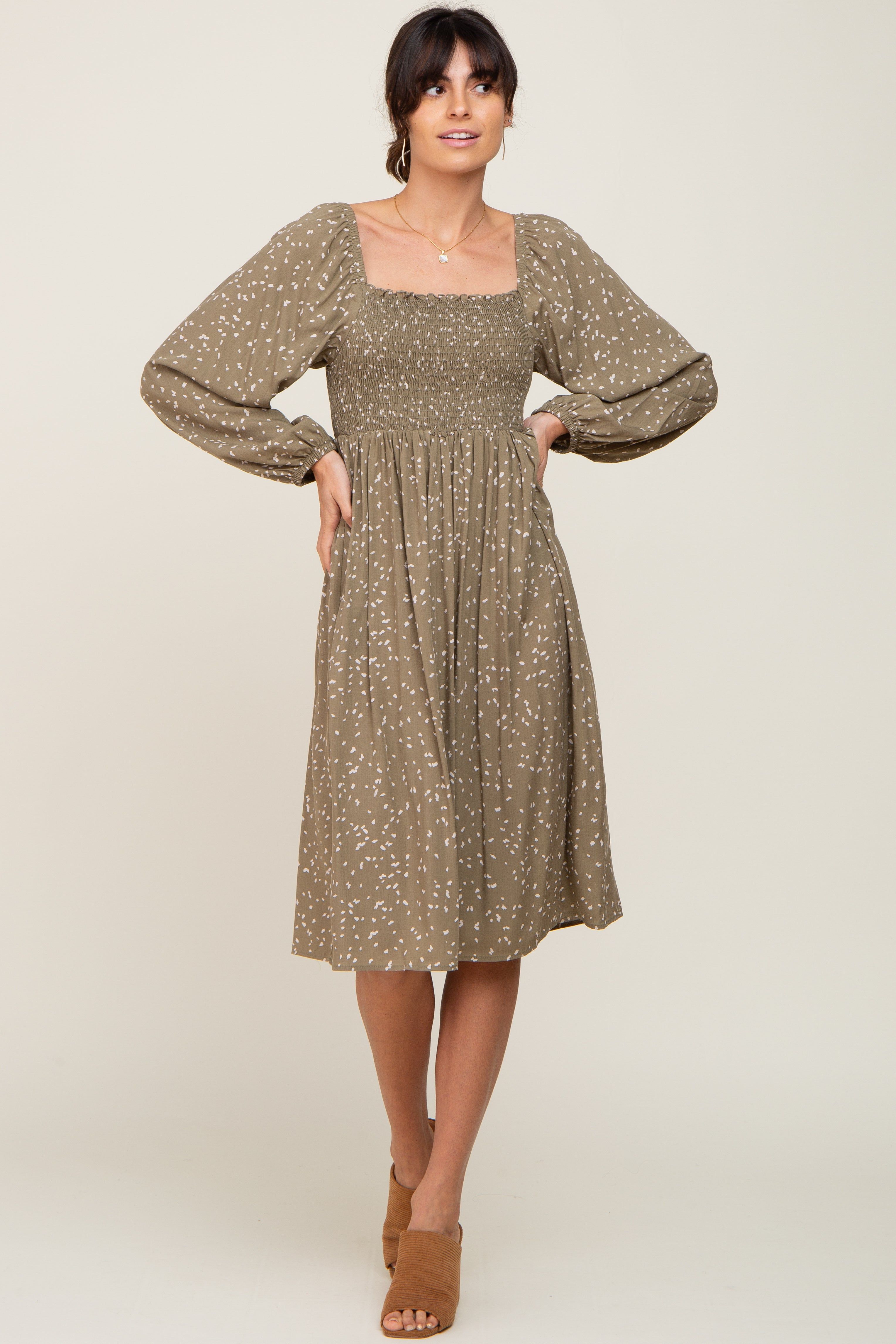 Olive Printed Long Sleeve Midi Dress sold by Pinkblush