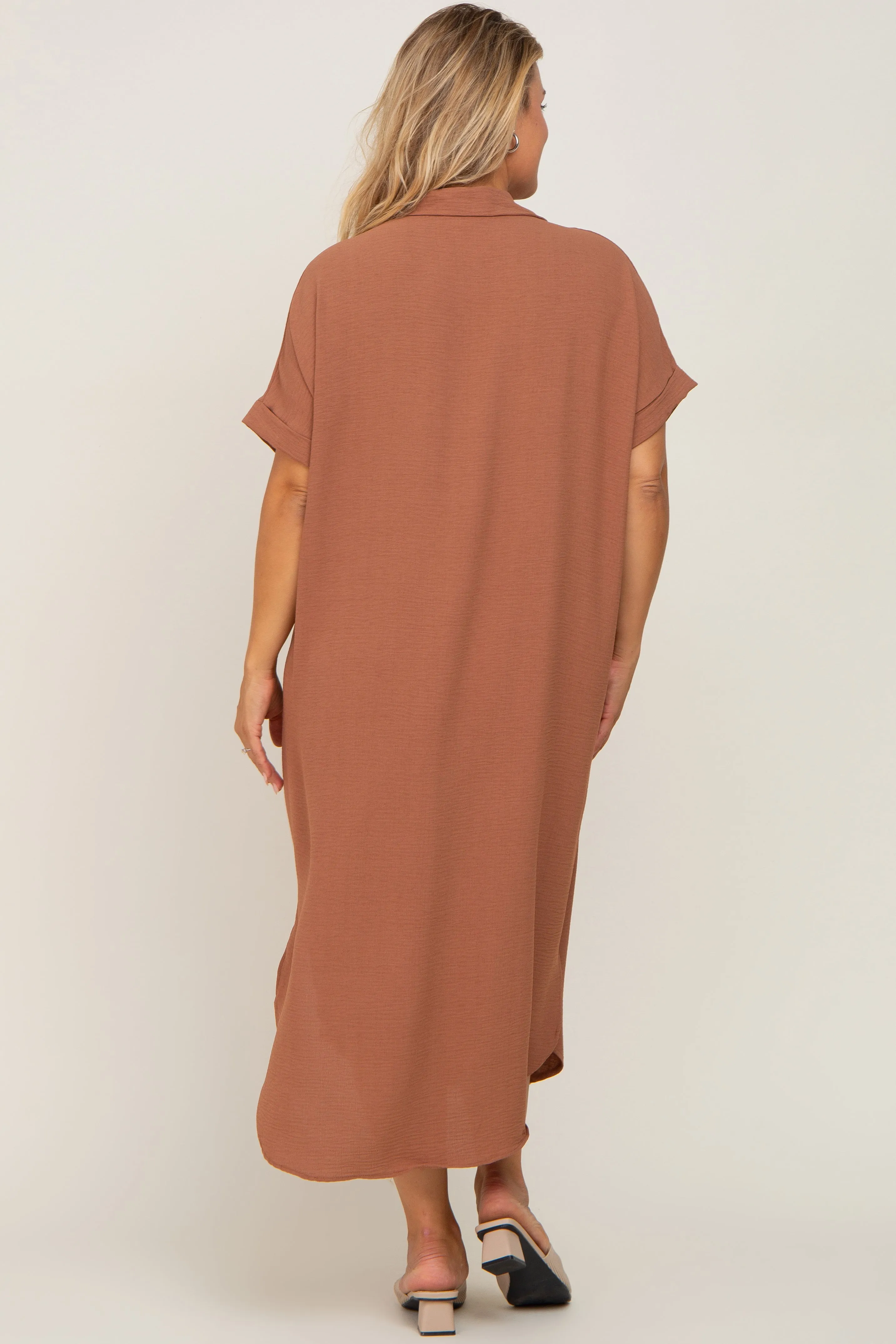 Mocha Button Down Hi Low Maternity Plus Maxi Dress sold by Pinkblush product image thumbnail 3