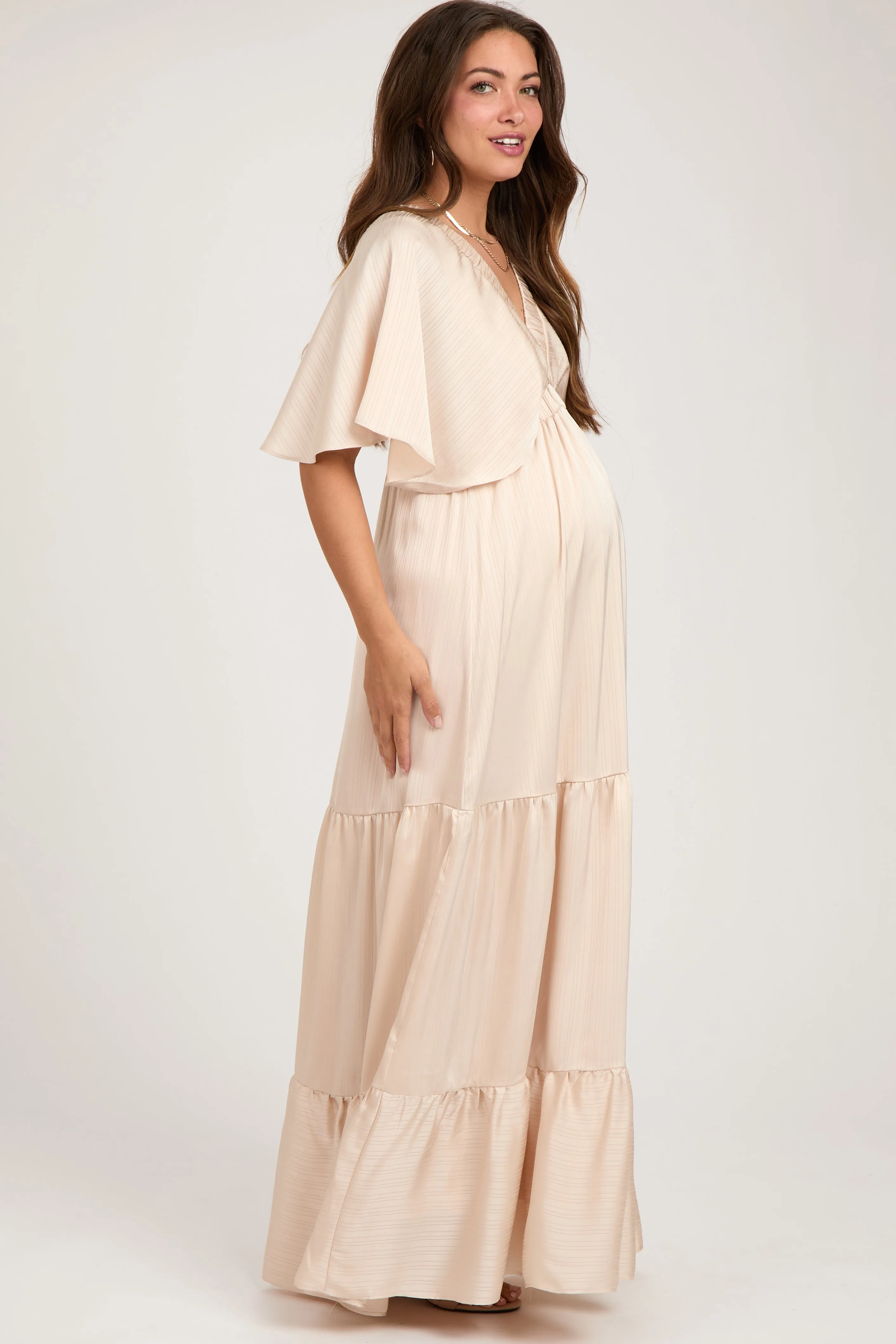 Beige V-Neck Flutter Sleeve Tiered Maternity Maxi Dress sold by Pinkblush product image thumbnail 3