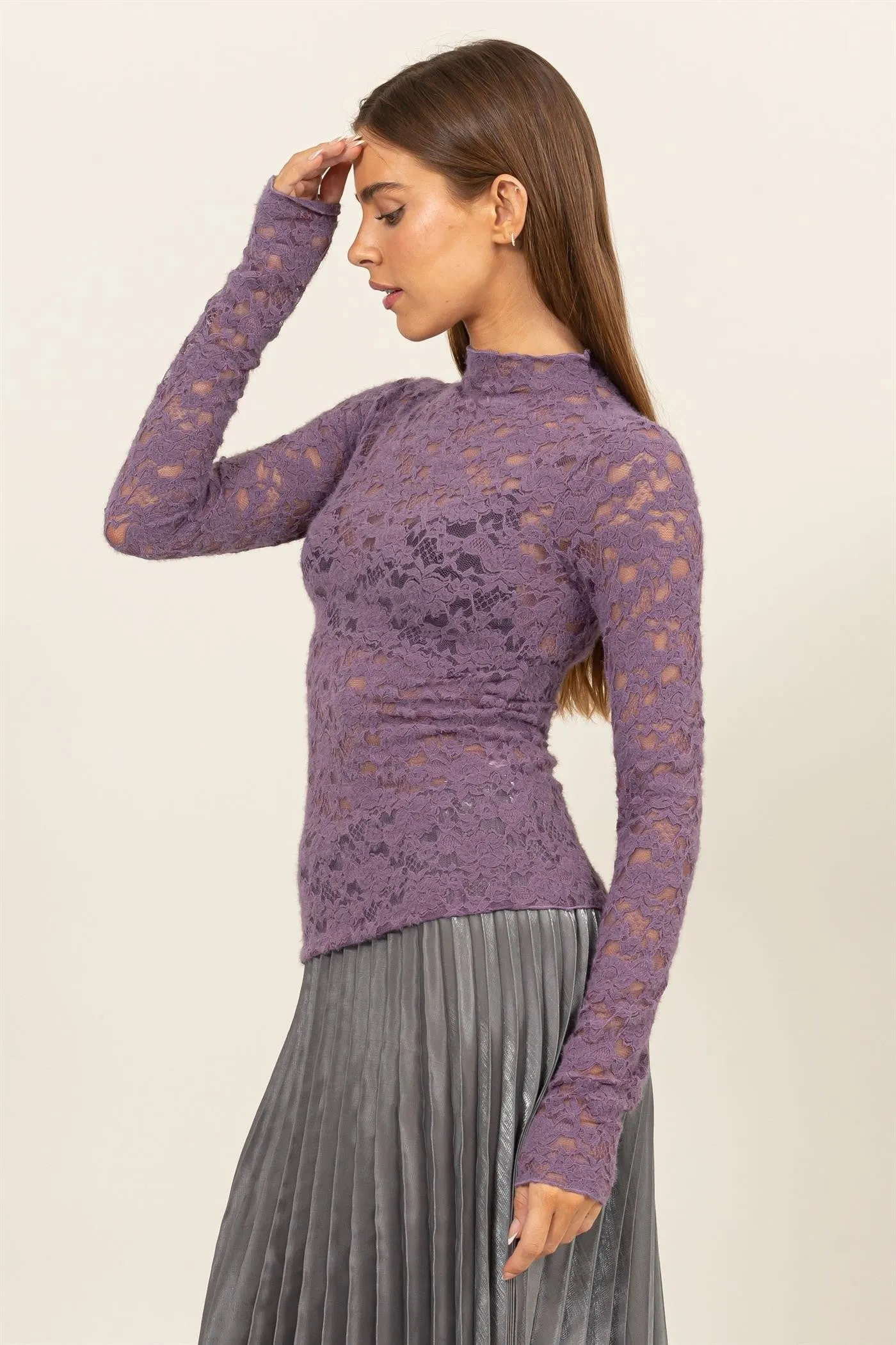 Purple Long Sleeve Brushed Lace High Neck Top sold by Pinkblush product image thumbnail 3