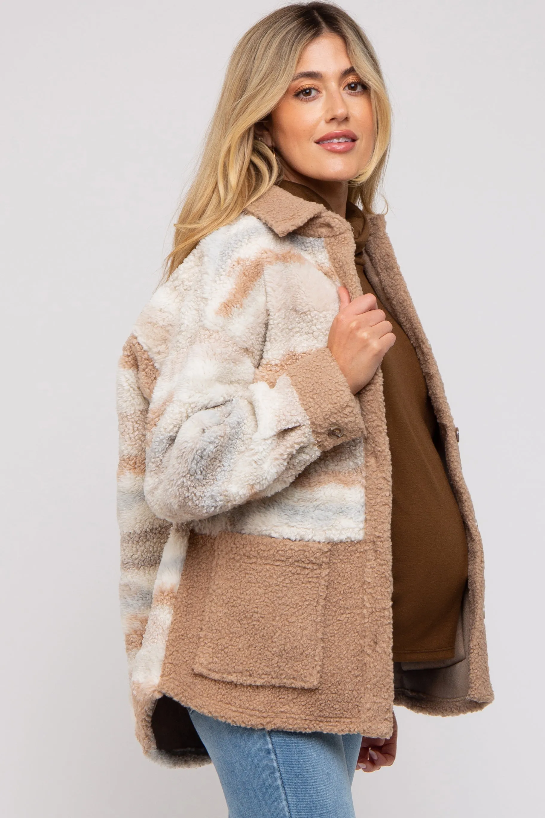 Beige Striped Fuzzy Knit Teddy Maternity Jacket sold by Pinkblush product image thumbnail 3