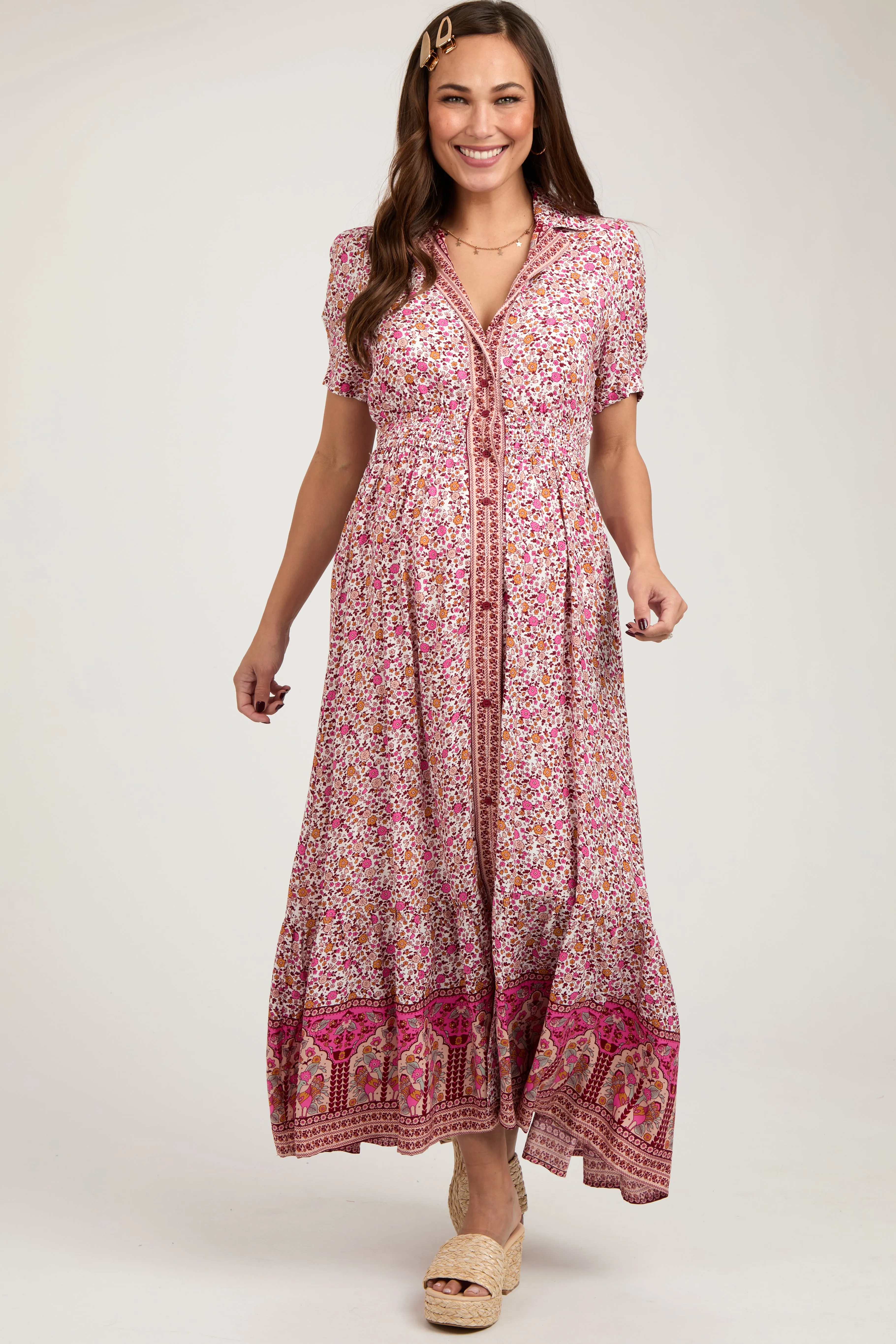 Pink Floral Button Up Maternity Midi Dress sold by Pinkblush product image thumbnail 2
