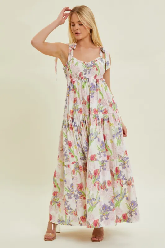 Ivory Multi-Color Floral Smocked Tiered Maxi Dress sold by Pinkblush