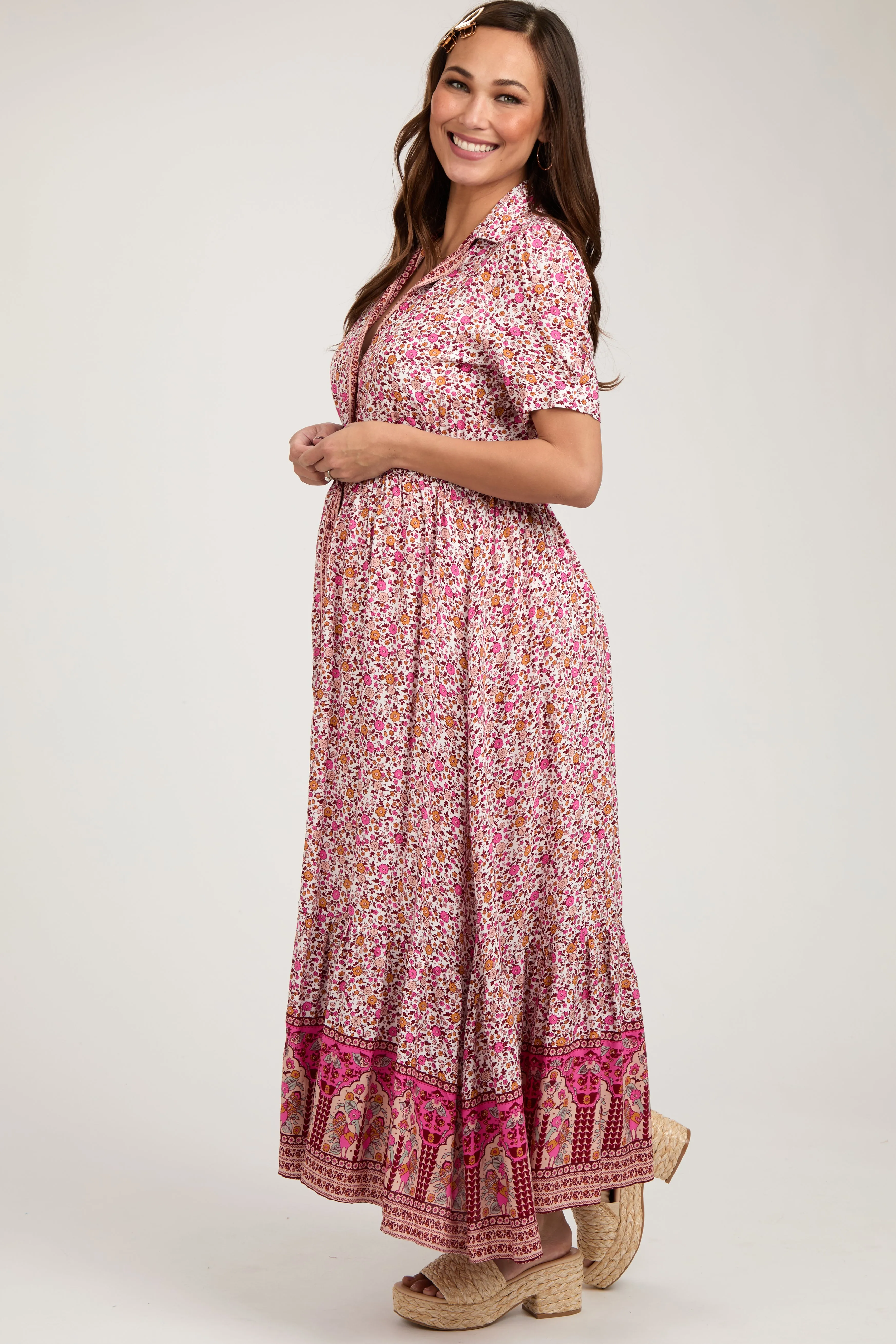 Pink Floral Button Up Maternity Midi Dress sold by Pinkblush product image thumbnail 3