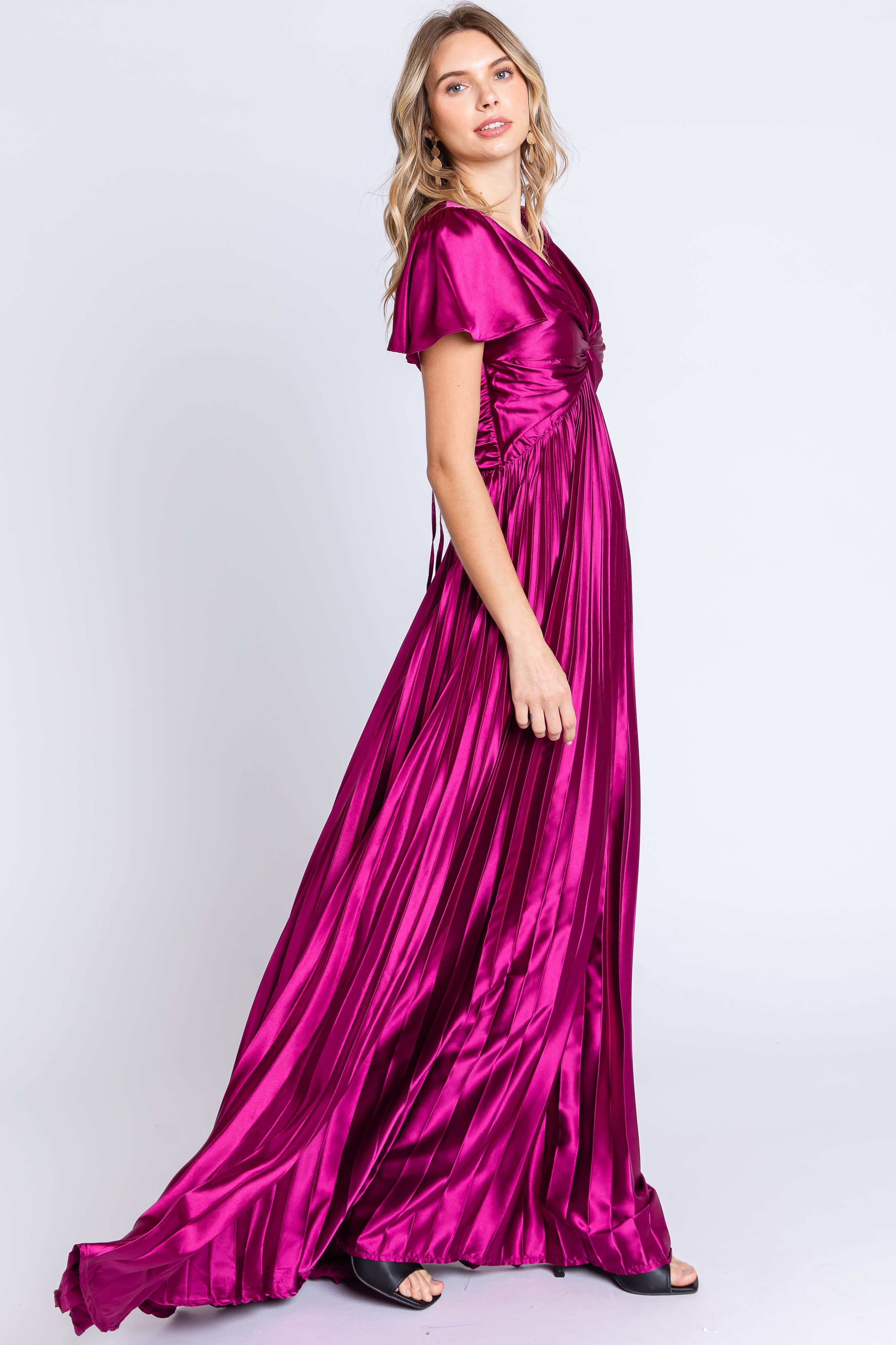 Magenta Short Sleeve Pleated Tie Back Maxi Dress sold by Pinkblush product image thumbnail 2