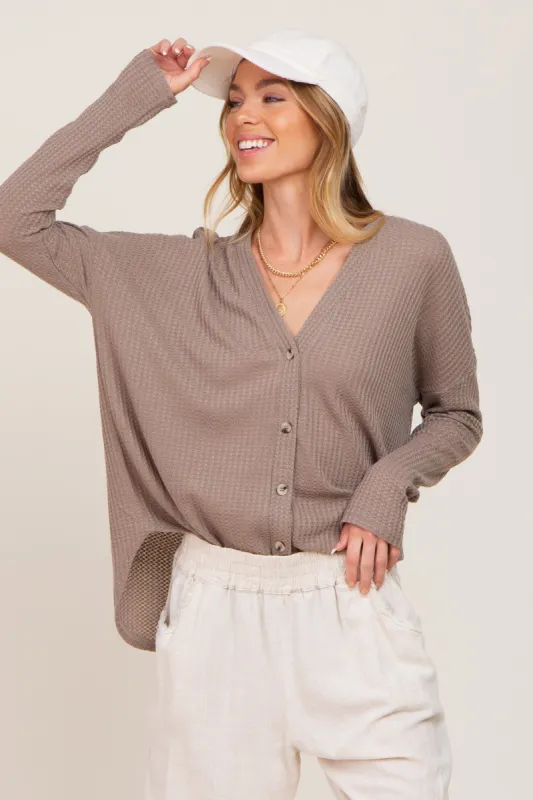 Mocha Waffle Knit Button Down Top sold by Pinkblush