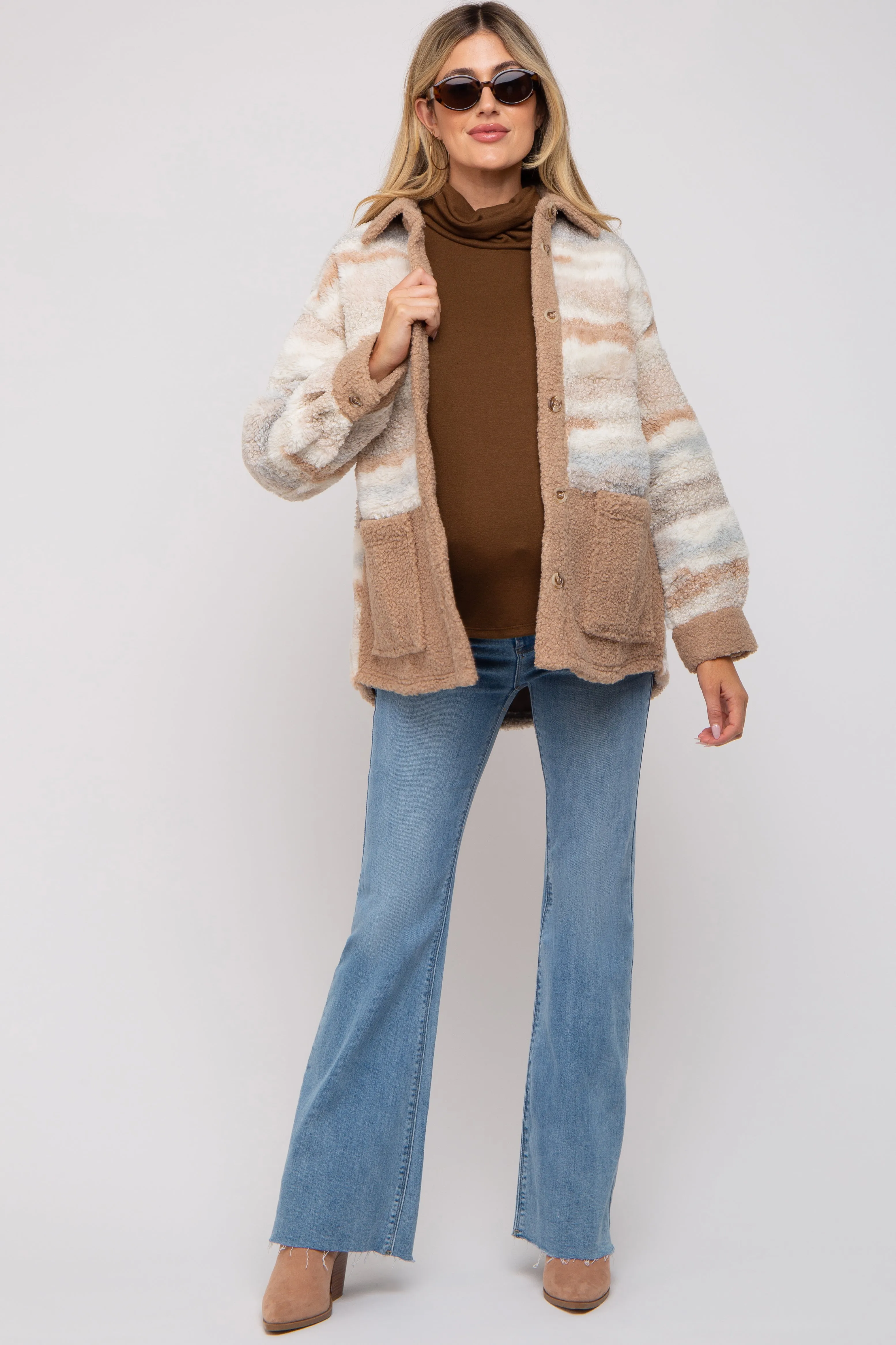 Beige Striped Fuzzy Knit Teddy Maternity Jacket sold by Pinkblush product image thumbnail 5
