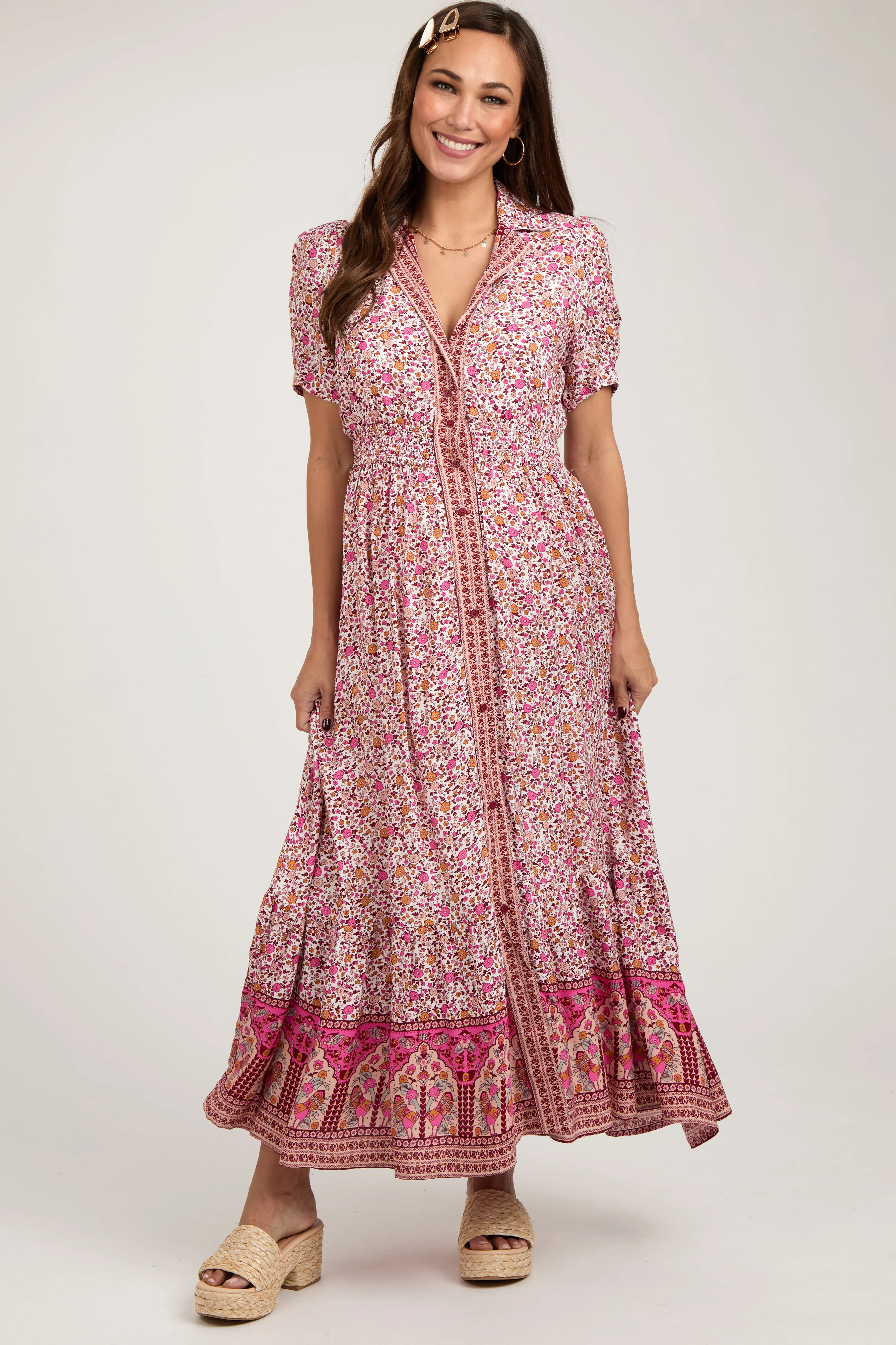 Pink Floral Button Up Maternity Midi Dress sold by Pinkblush
