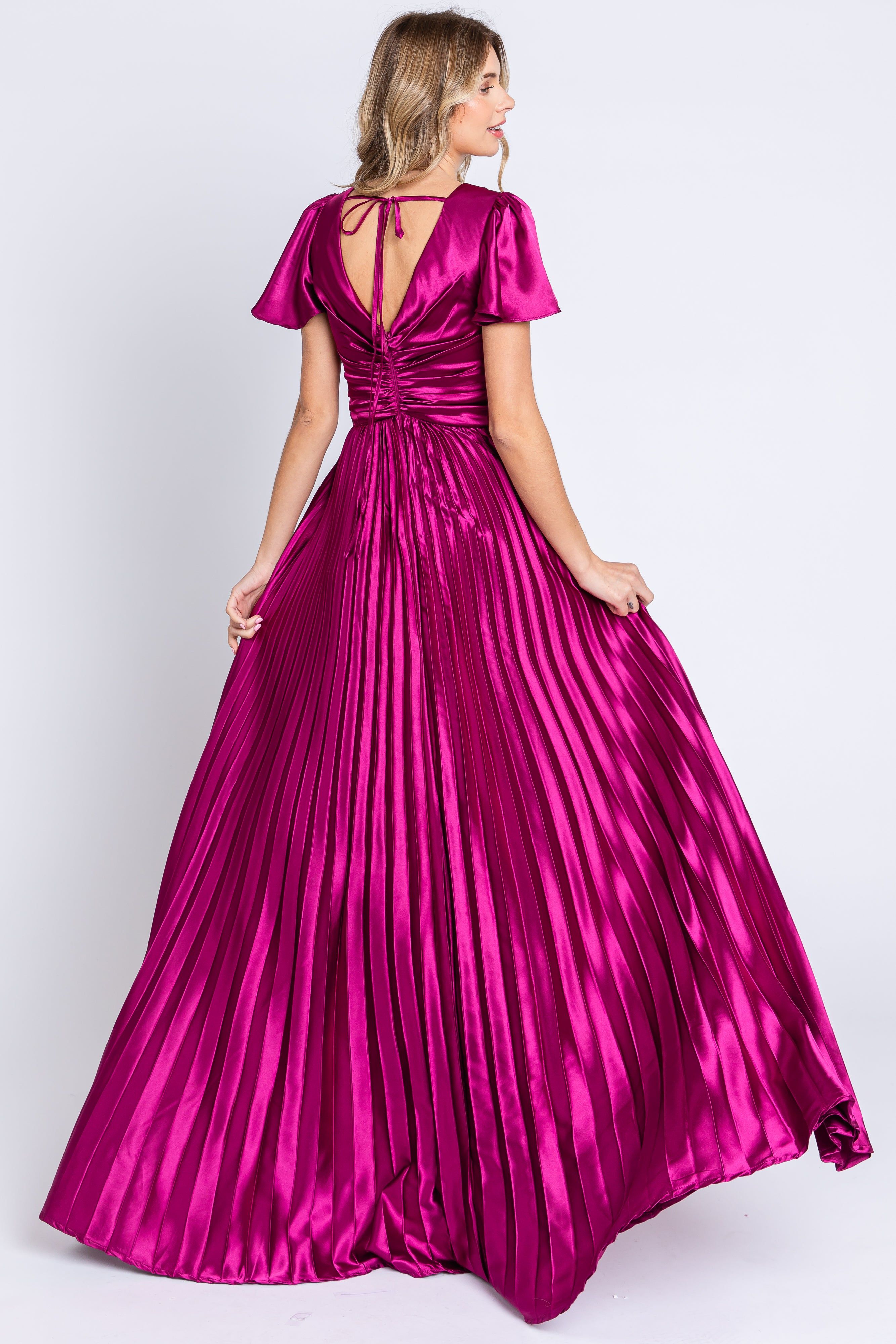 Magenta Short Sleeve Pleated Tie Back Maxi Dress sold by Pinkblush product image thumbnail 3