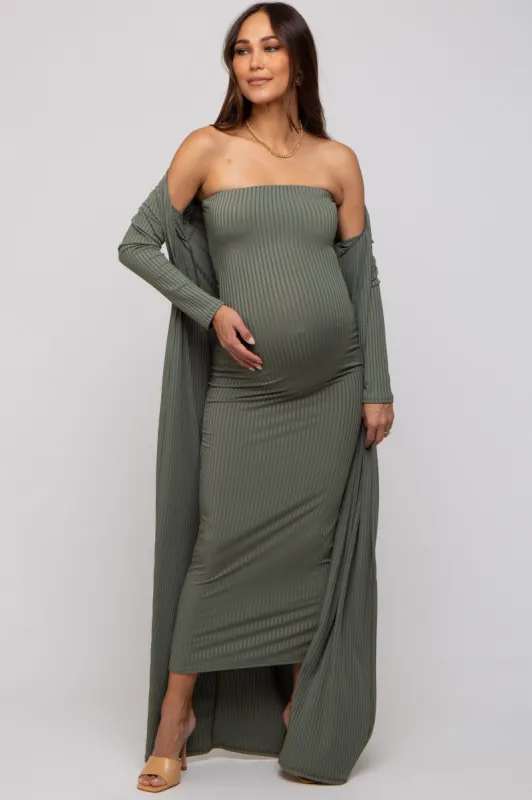 Olive Ribbed Sleeveless Dress Cardigan Maternity Set sold by Pinkblush
