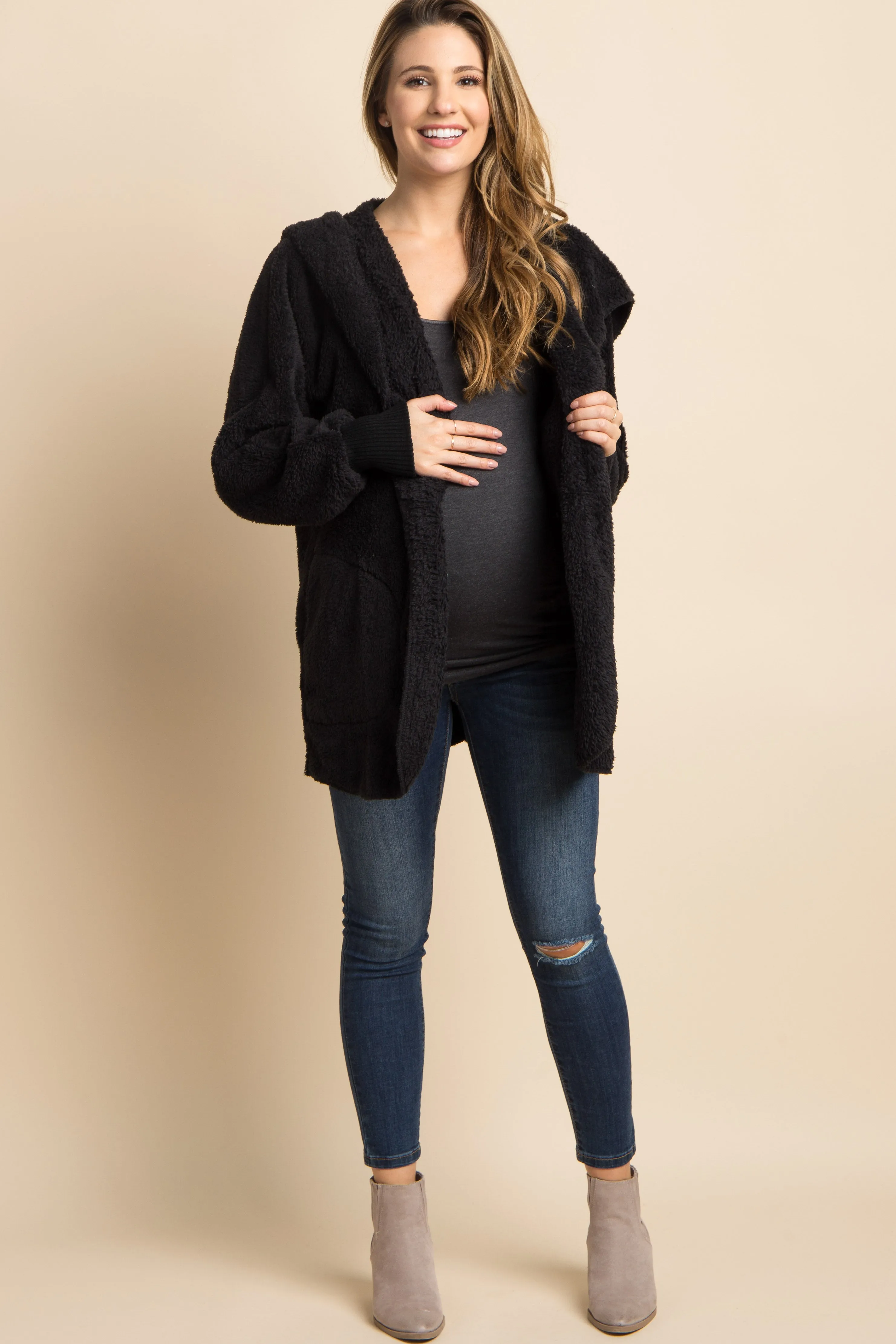 Black Fuzzy Hooded Long Sleeve Maternity Jacket sold by Pinkblush product image thumbnail 5