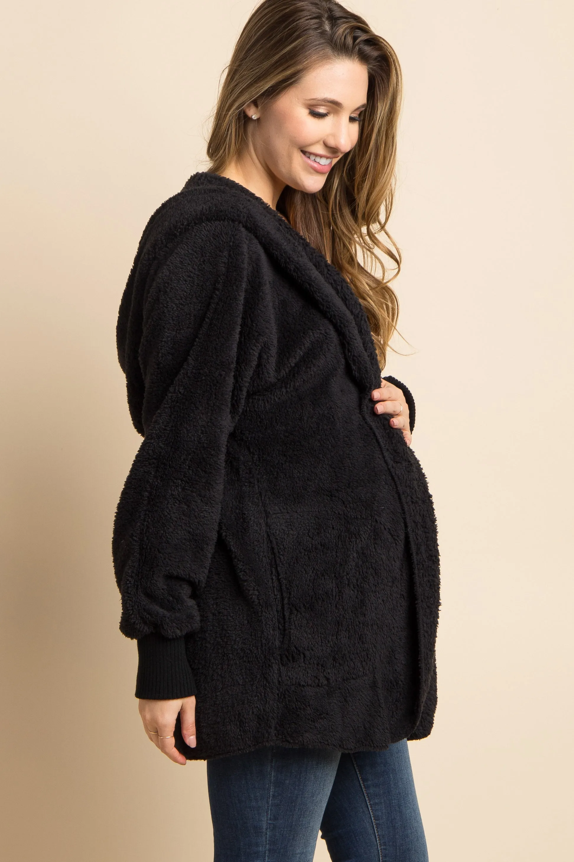 Black Fuzzy Hooded Long Sleeve Maternity Jacket sold by Pinkblush product image thumbnail 2
