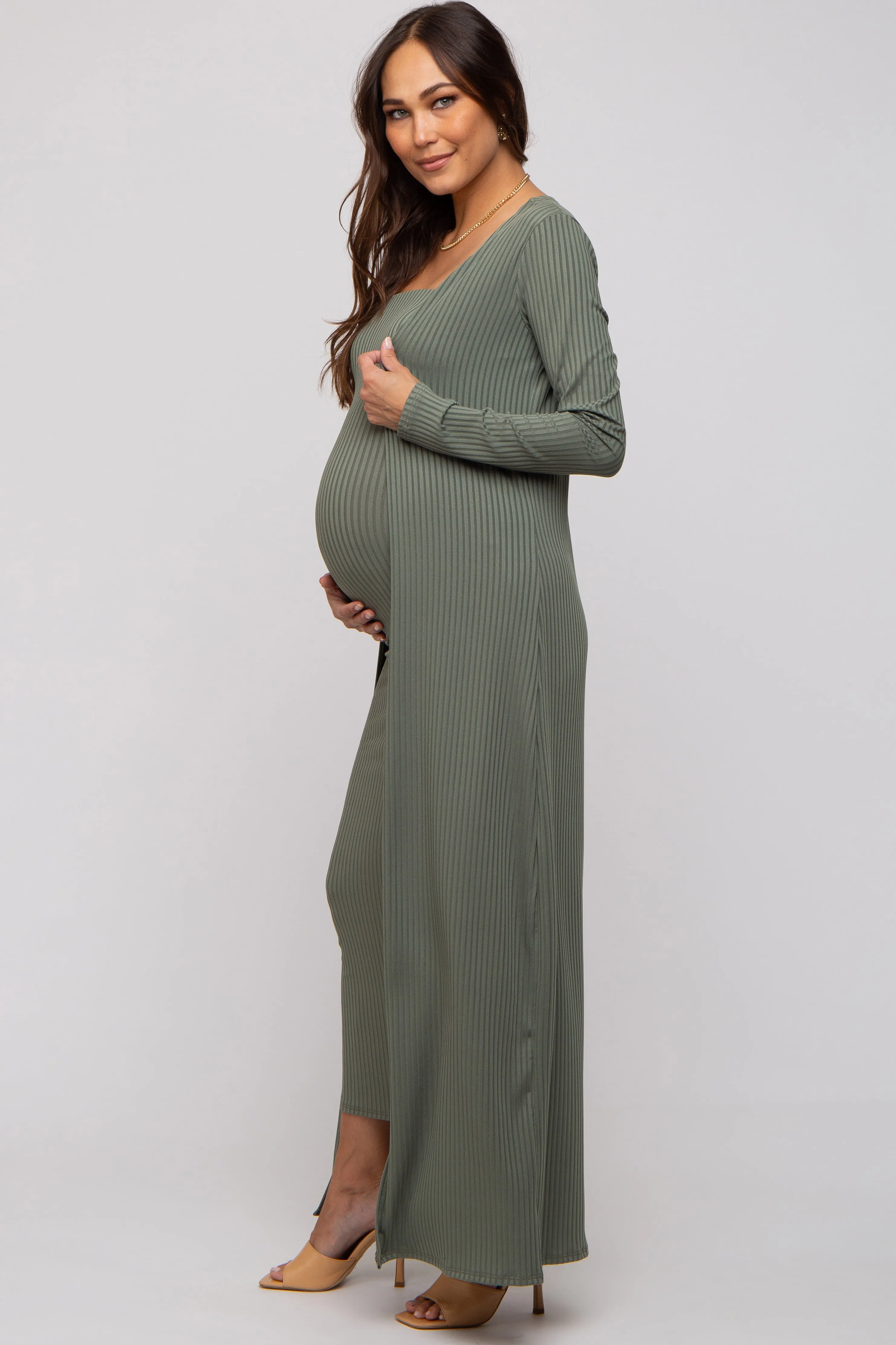 Olive Ribbed Sleeveless Dress Cardigan Maternity Set sold by Pinkblush product image thumbnail 2