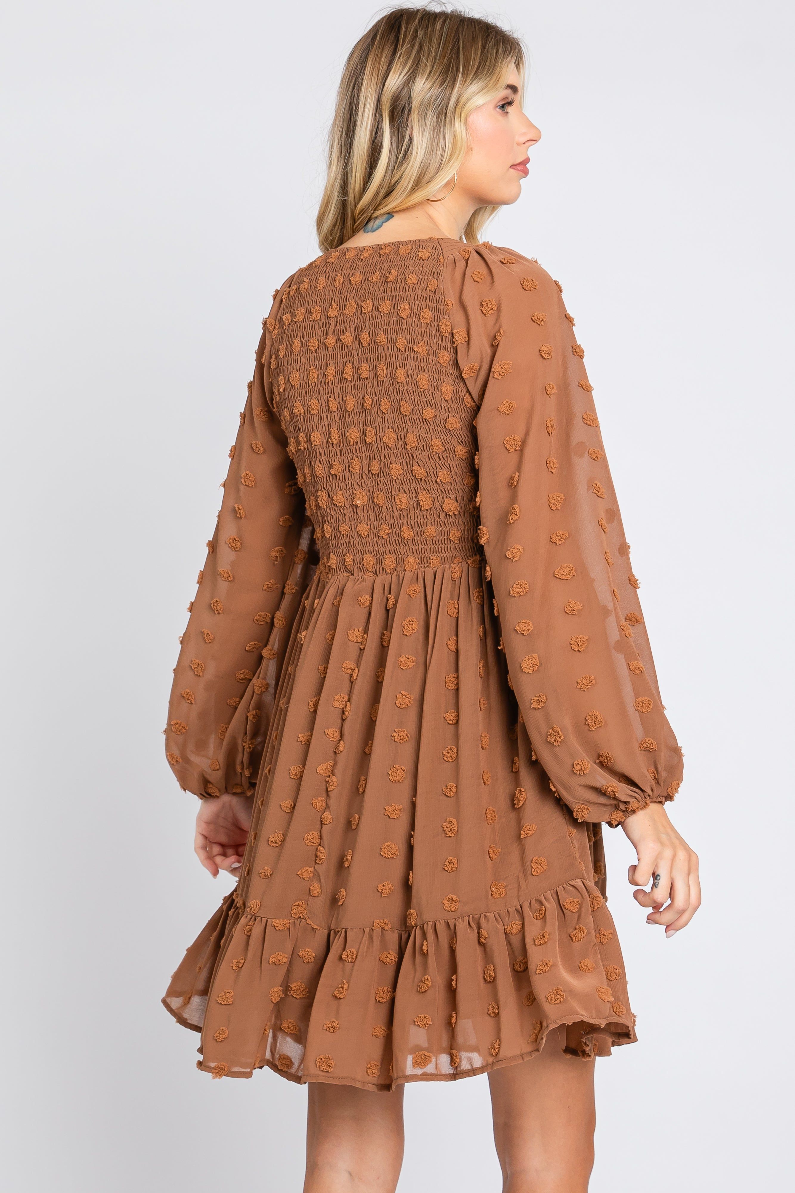 Mocha Textured Dot Smocked Dress sold by Pinkblush product image thumbnail 4