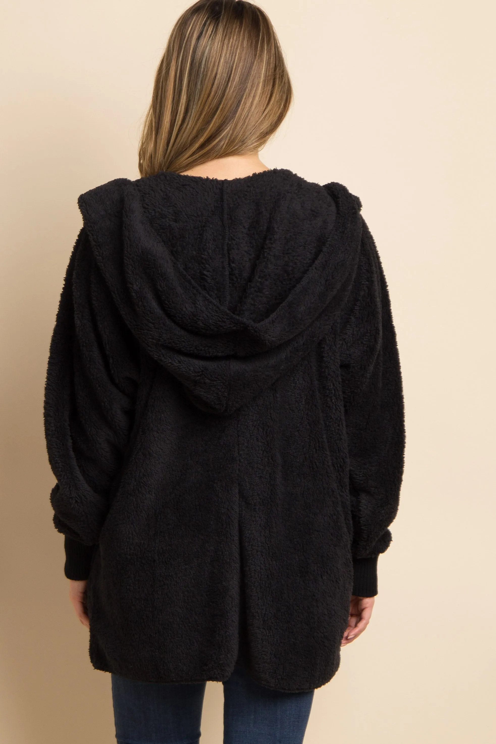 Black Fuzzy Hooded Long Sleeve Maternity Jacket sold by Pinkblush product image thumbnail 3