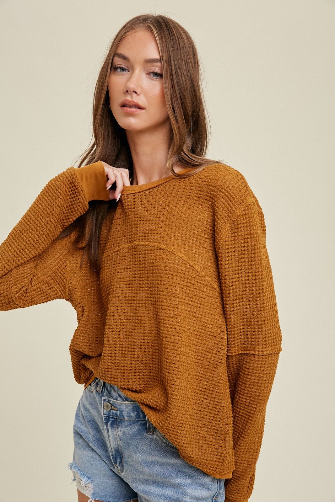 Camel Drop Shoulder Waffle Relaxed Crop Pullover Top sold by Pinkblush