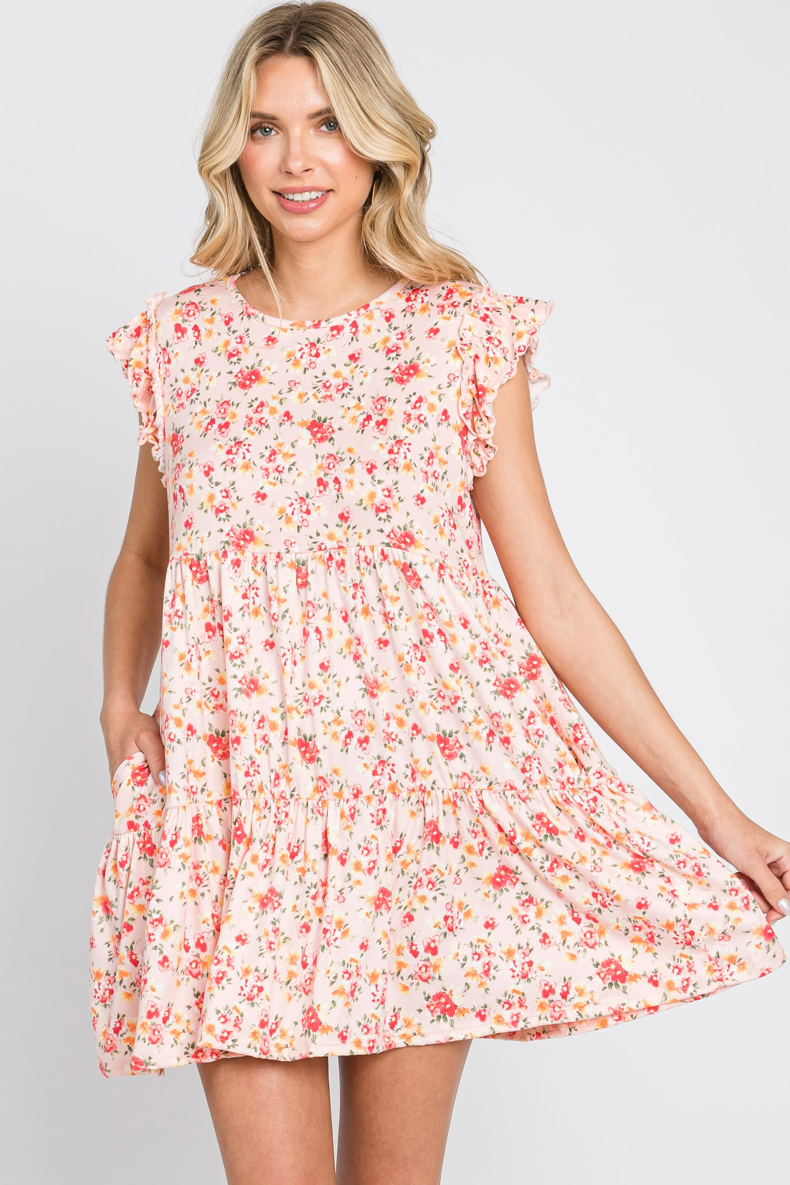 Light Peach Floral Ruffle Accent Maternity Mini Dress sold by Pinkblush product image thumbnail 4