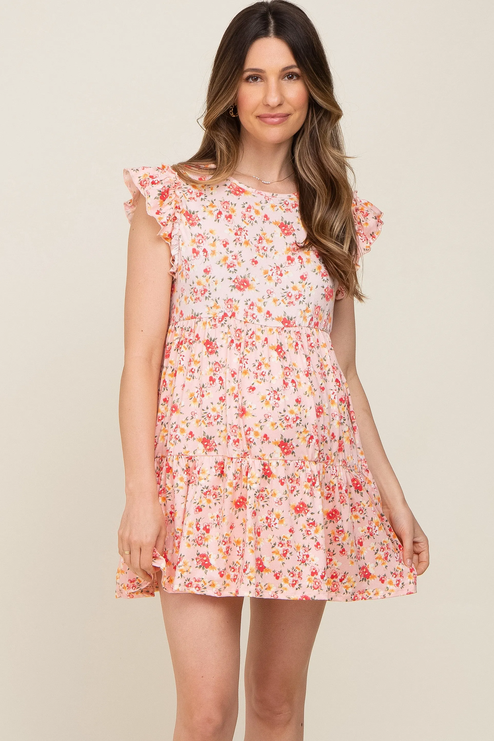 Light Peach Floral Ruffle Accent Maternity Mini Dress sold by Pinkblush