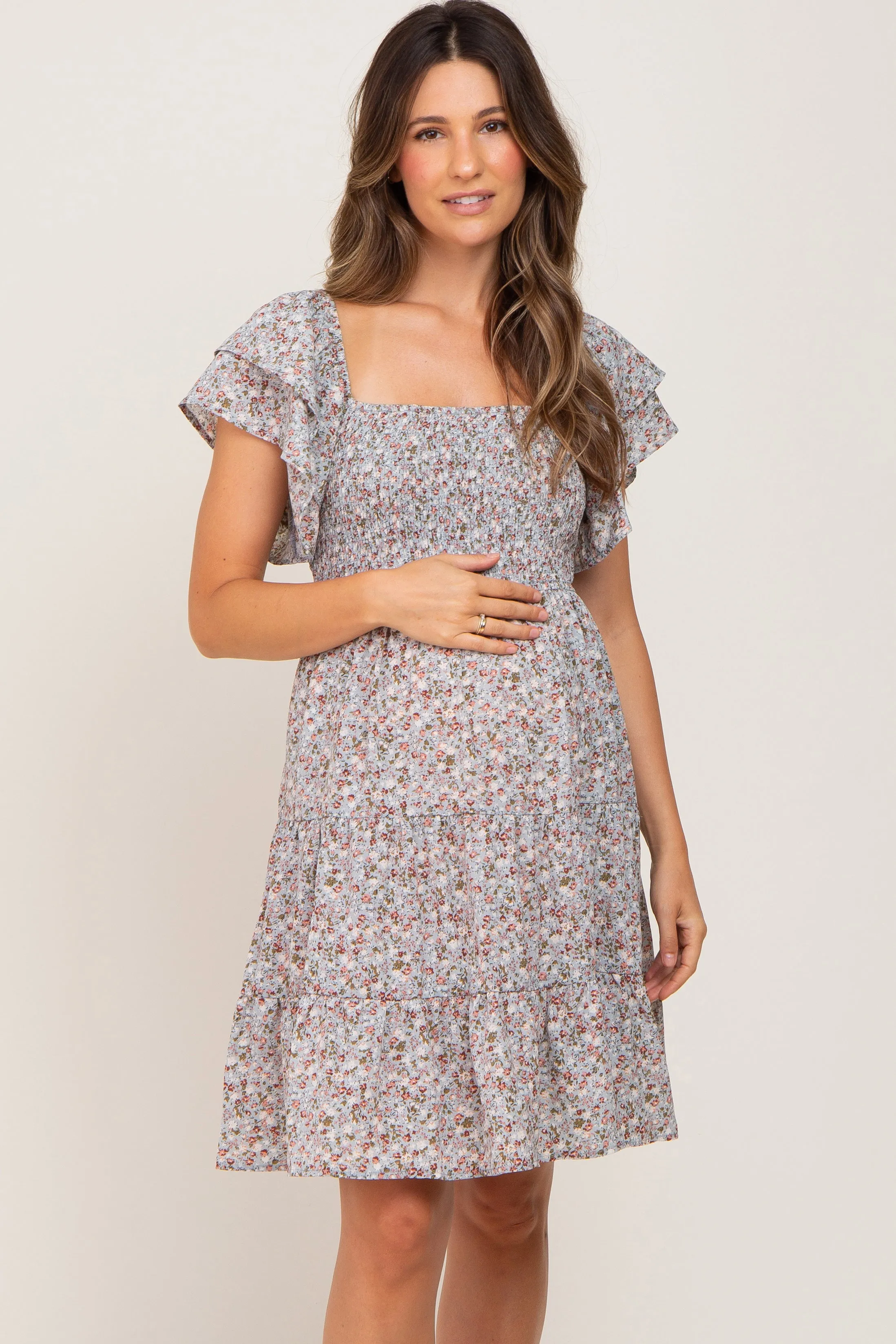 Light Blue Floral Smocked Tiered Maternity Dress sold by Pinkblush