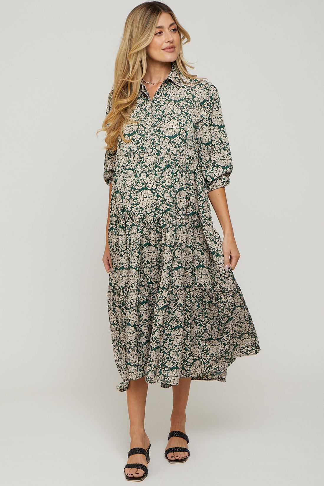 Green Floral Collared Tiered Maternity Maxi Dress sold by Pinkblush product image thumbnail 4