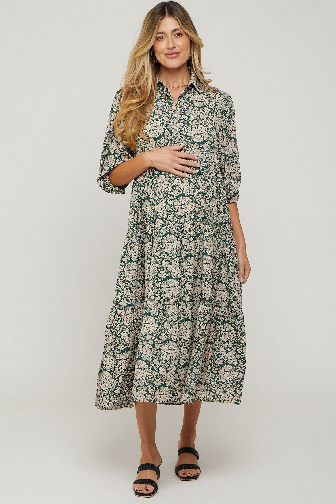 Green Floral Collared Tiered Maternity Maxi Dress sold by Pinkblush
