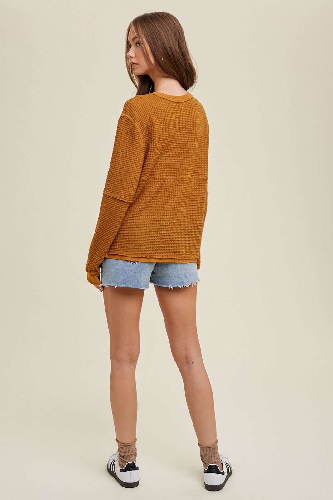 Camel Drop Shoulder Waffle Relaxed Crop Pullover Top sold by Pinkblush product image thumbnail 4