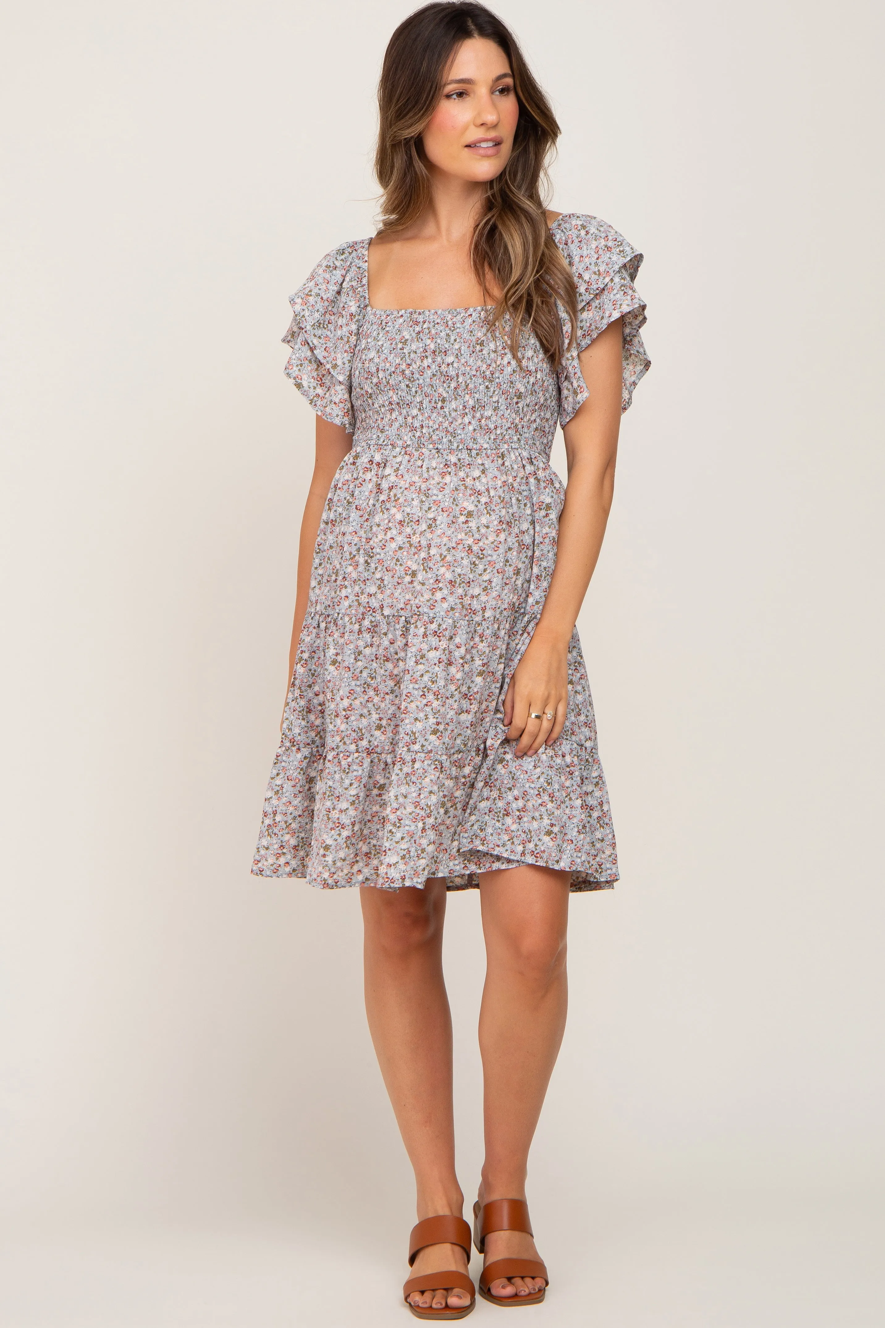 Light Blue Floral Smocked Tiered Maternity Dress sold by Pinkblush product image thumbnail 5