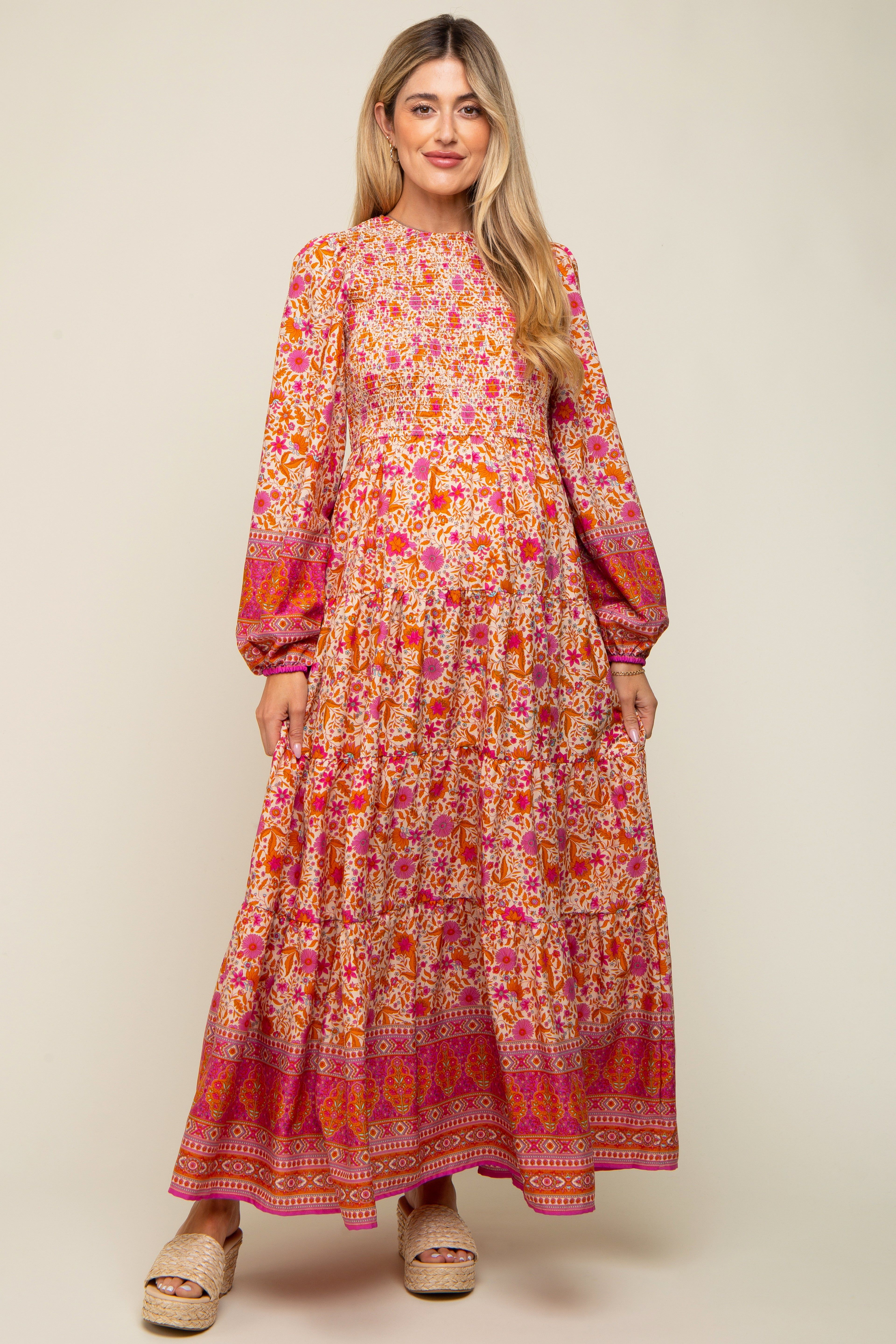 Fuchsia Floral Smocked Tiered Maternity Maxi Dress sold by Pinkblush product image thumbnail 5