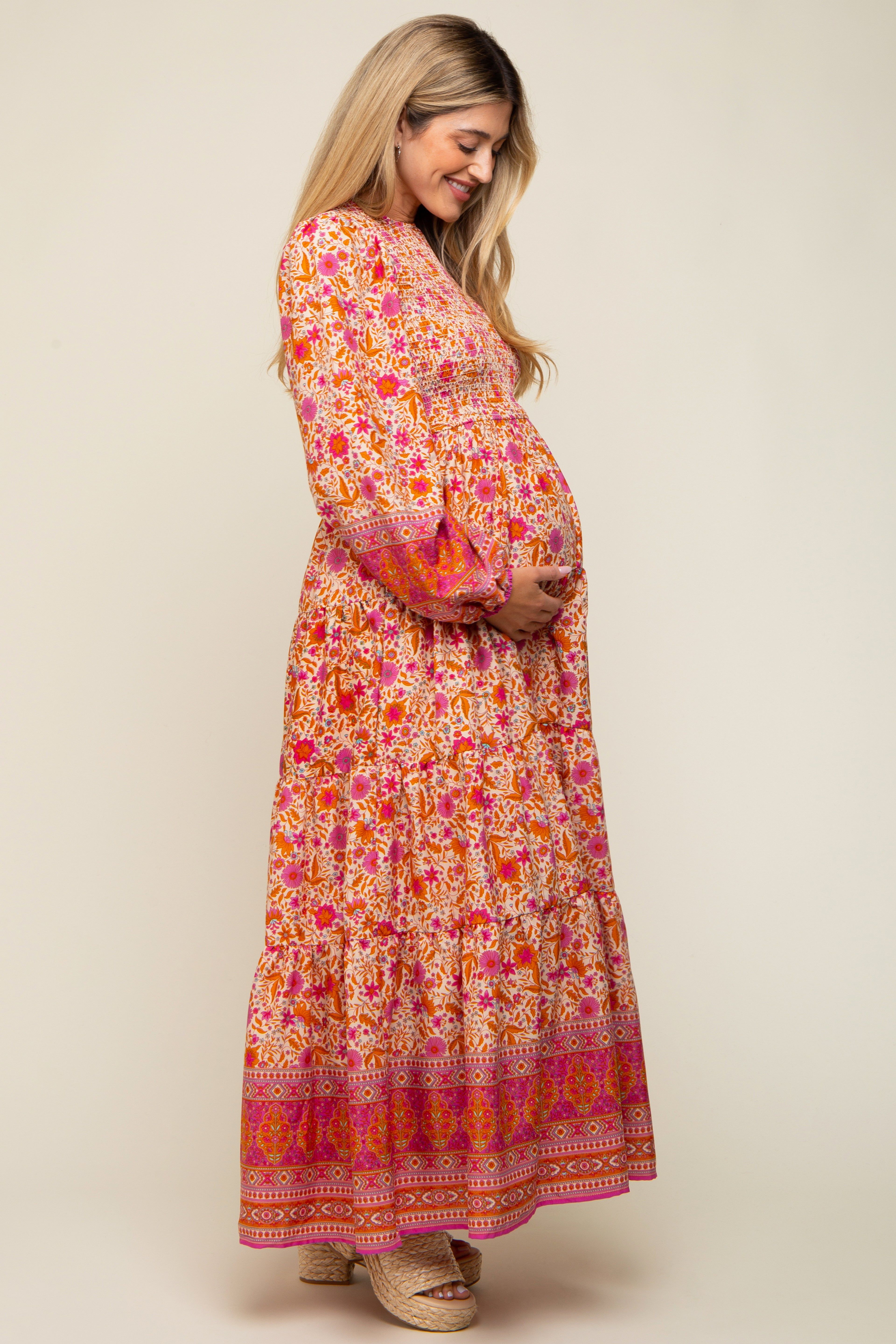 Fuchsia Floral Smocked Tiered Maternity Maxi Dress sold by Pinkblush product image thumbnail 2