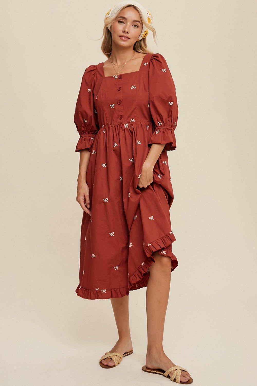 Brick Ribbon Embroidered Square Neck Maxi Dress sold by Pinkblush product image thumbnail 4