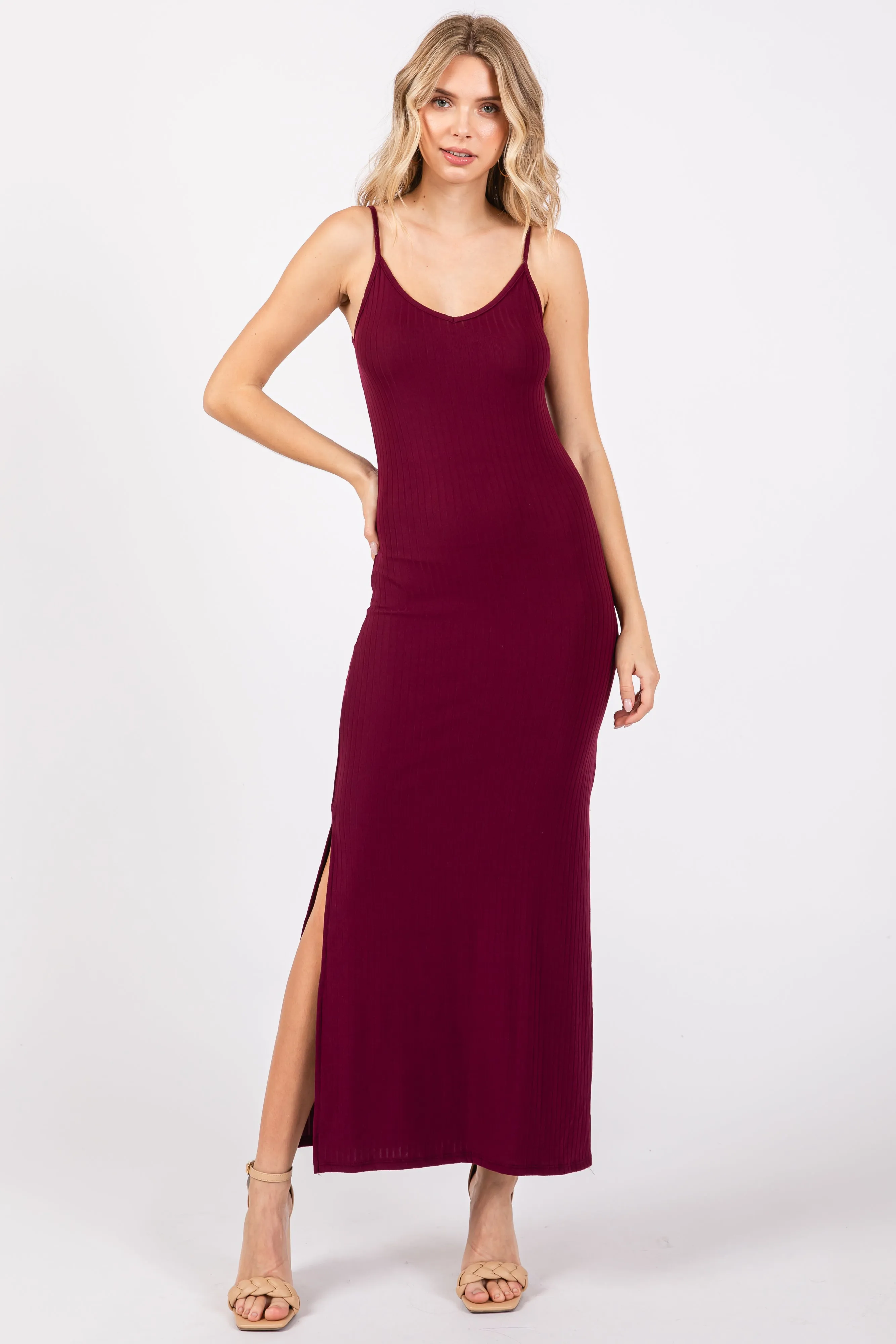 Burgundy Ribbed Side Slit Maxi Dress sold by Pinkblush
