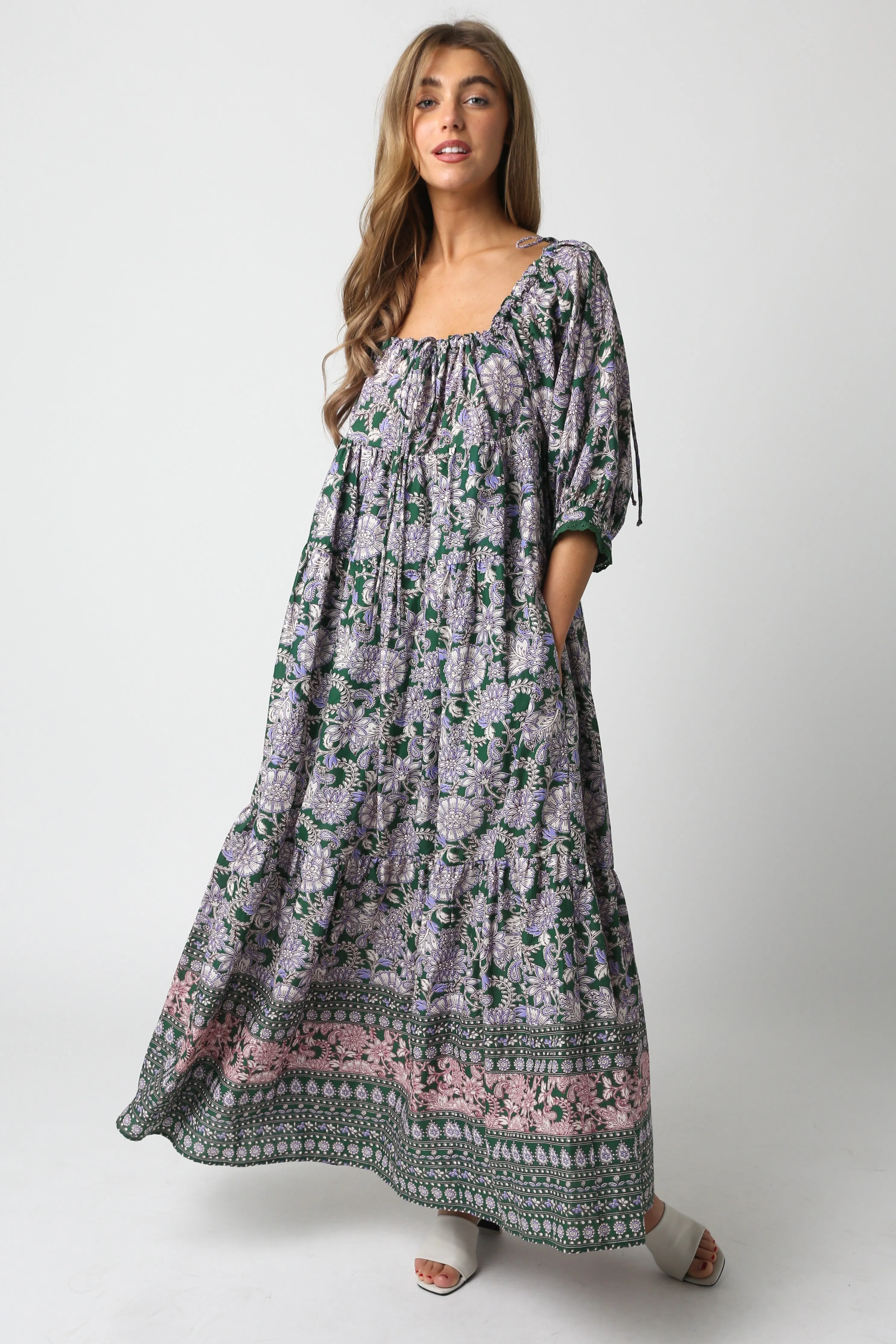 Olive Floral Paisley Cinched Neckline Maternity Maxi Dress sold by Pinkblush product image thumbnail 3