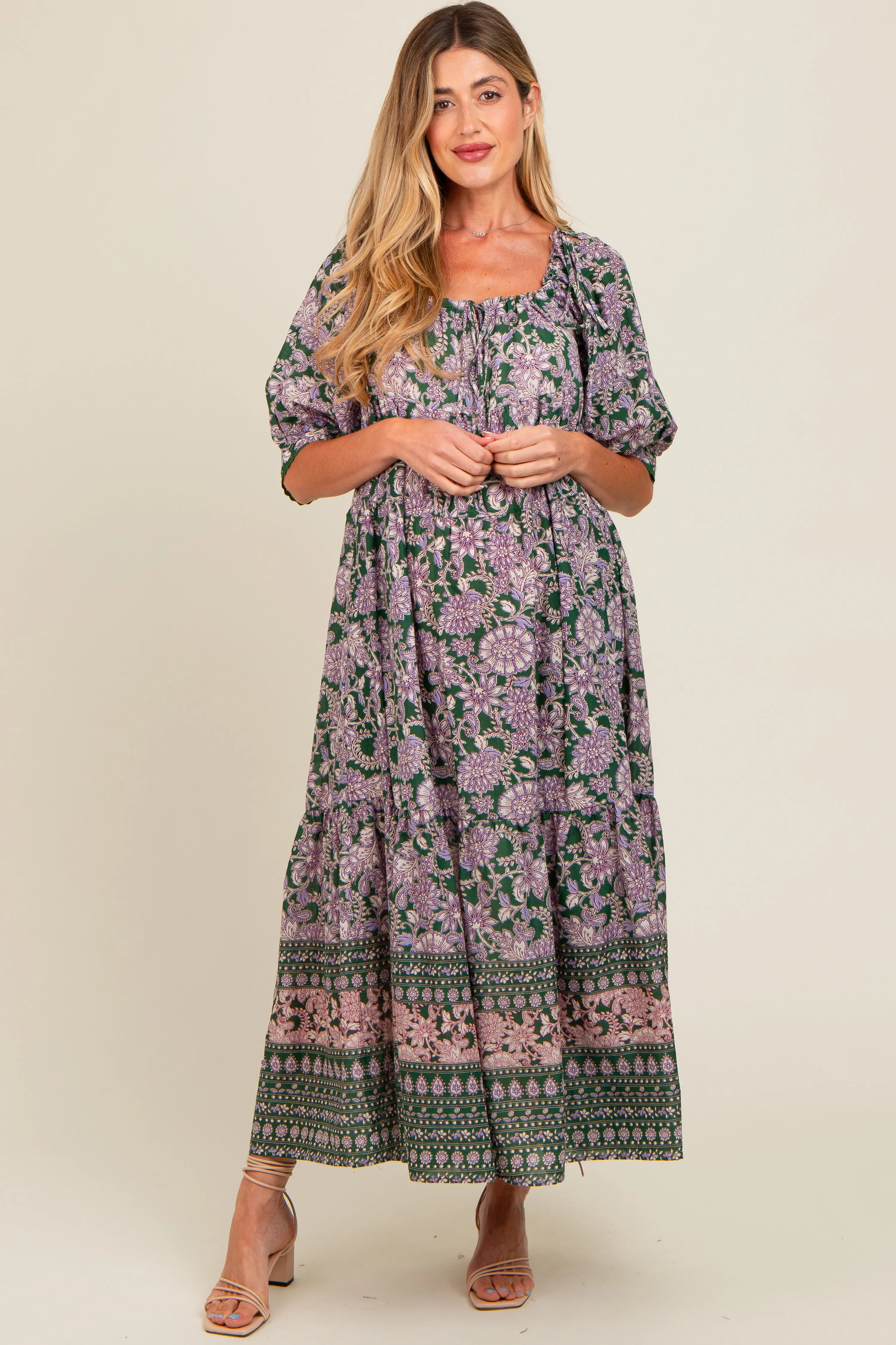 Olive Floral Paisley Cinched Neckline Maternity Maxi Dress sold by Pinkblush
