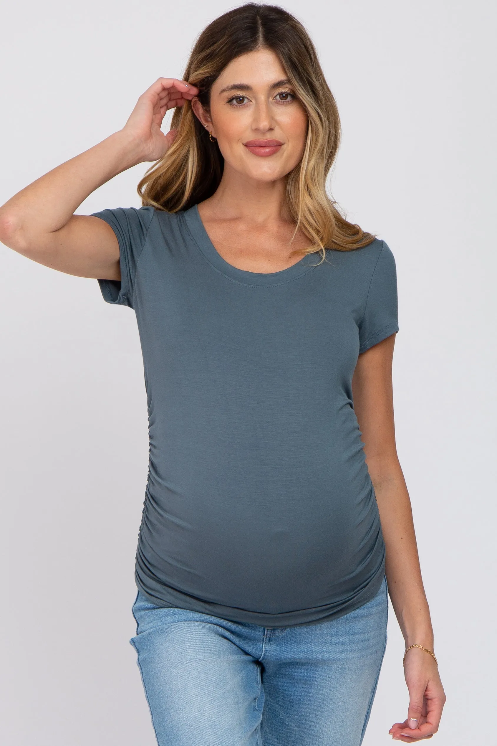 Deep Teal Basic Short Sleeve Maternity Fitted Top sold by Pinkblush