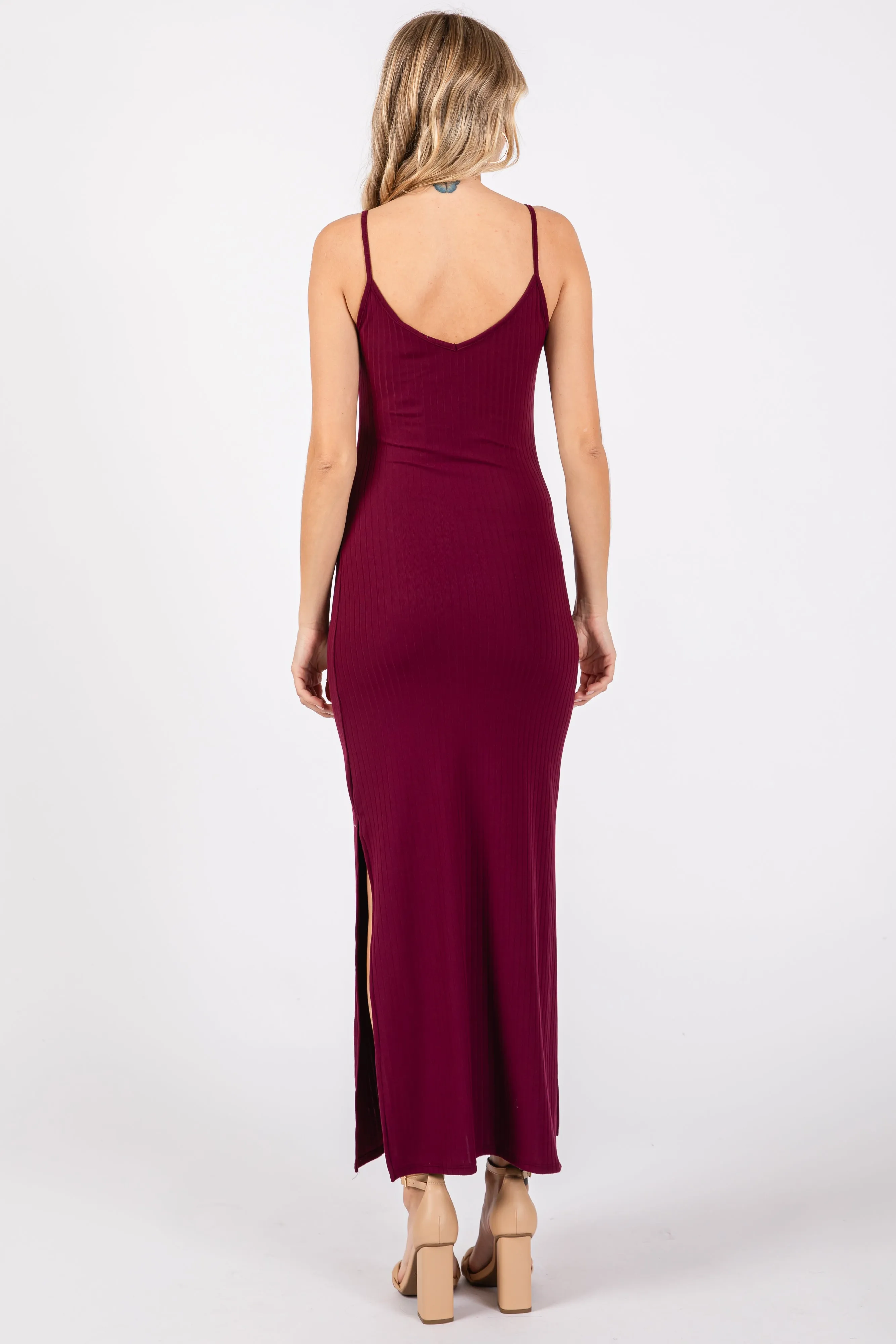Burgundy Ribbed Side Slit Maxi Dress sold by Pinkblush product image thumbnail 3