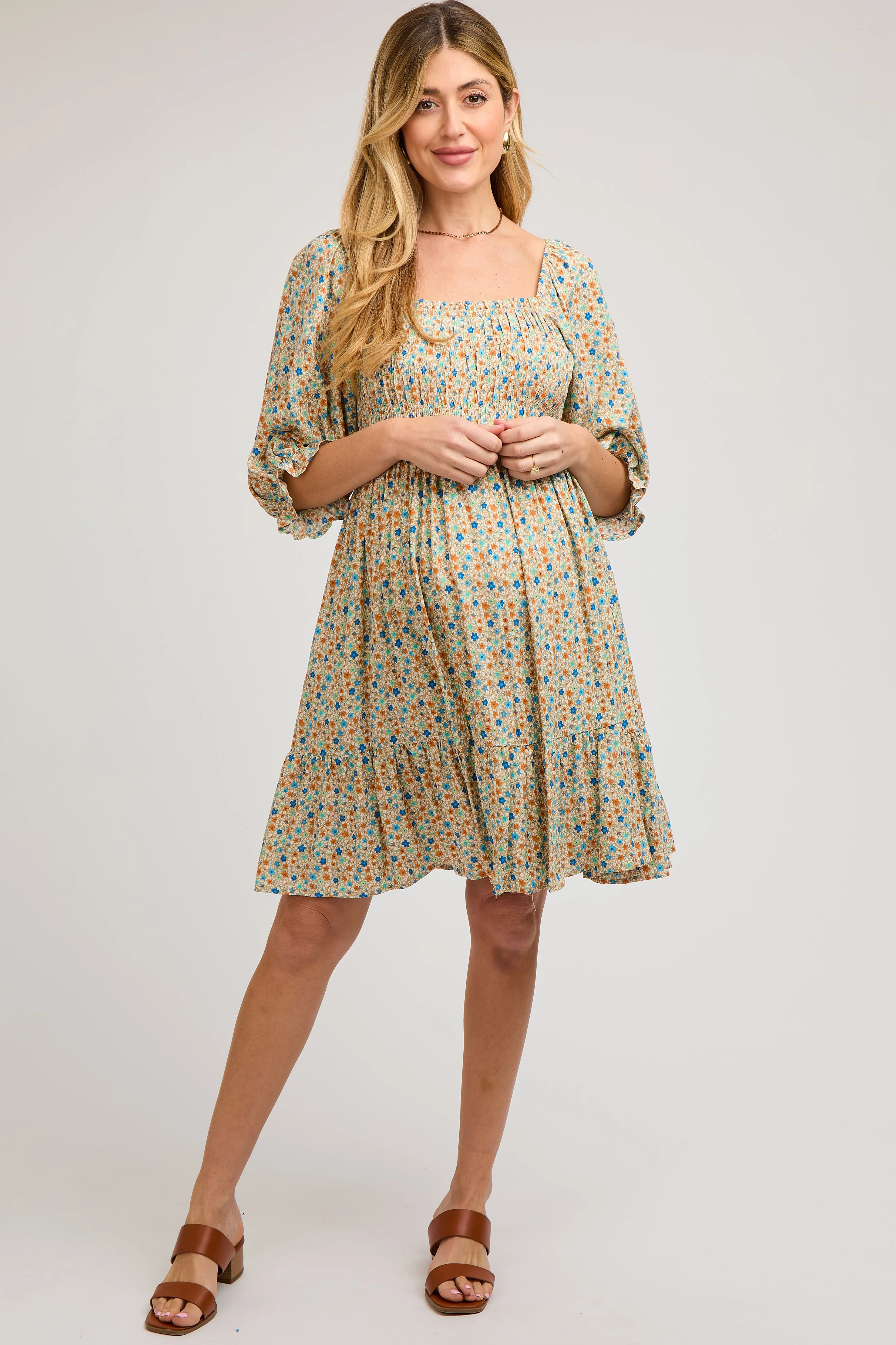 Taupe Floral Smocked Maternity Dress sold by Pinkblush