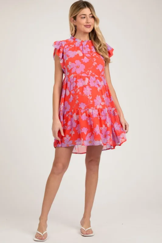 Red Orange Floral Tiered Maternity Mini Dress sold by Pinkblush