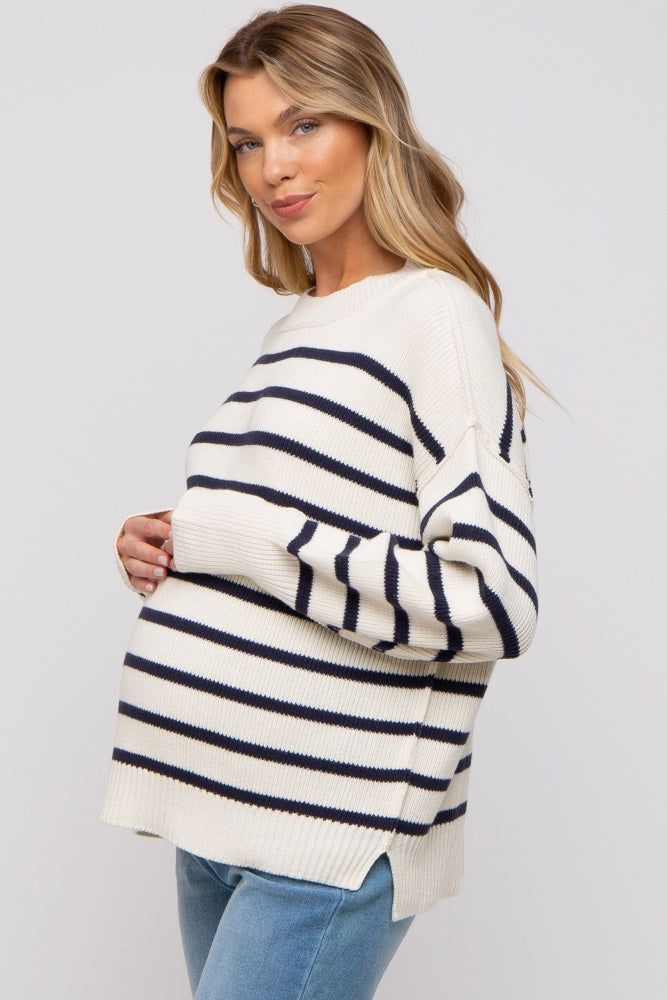 Cream Striped Long Sleeve Knit Maternity Sweater sold by Pinkblush product image thumbnail 2