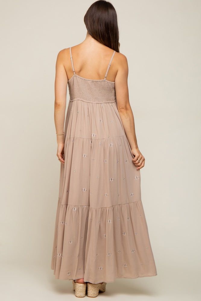 Light Mocha Floral Embroidered Tiered Maternity Maxi Dress sold by Pinkblush product image thumbnail 3