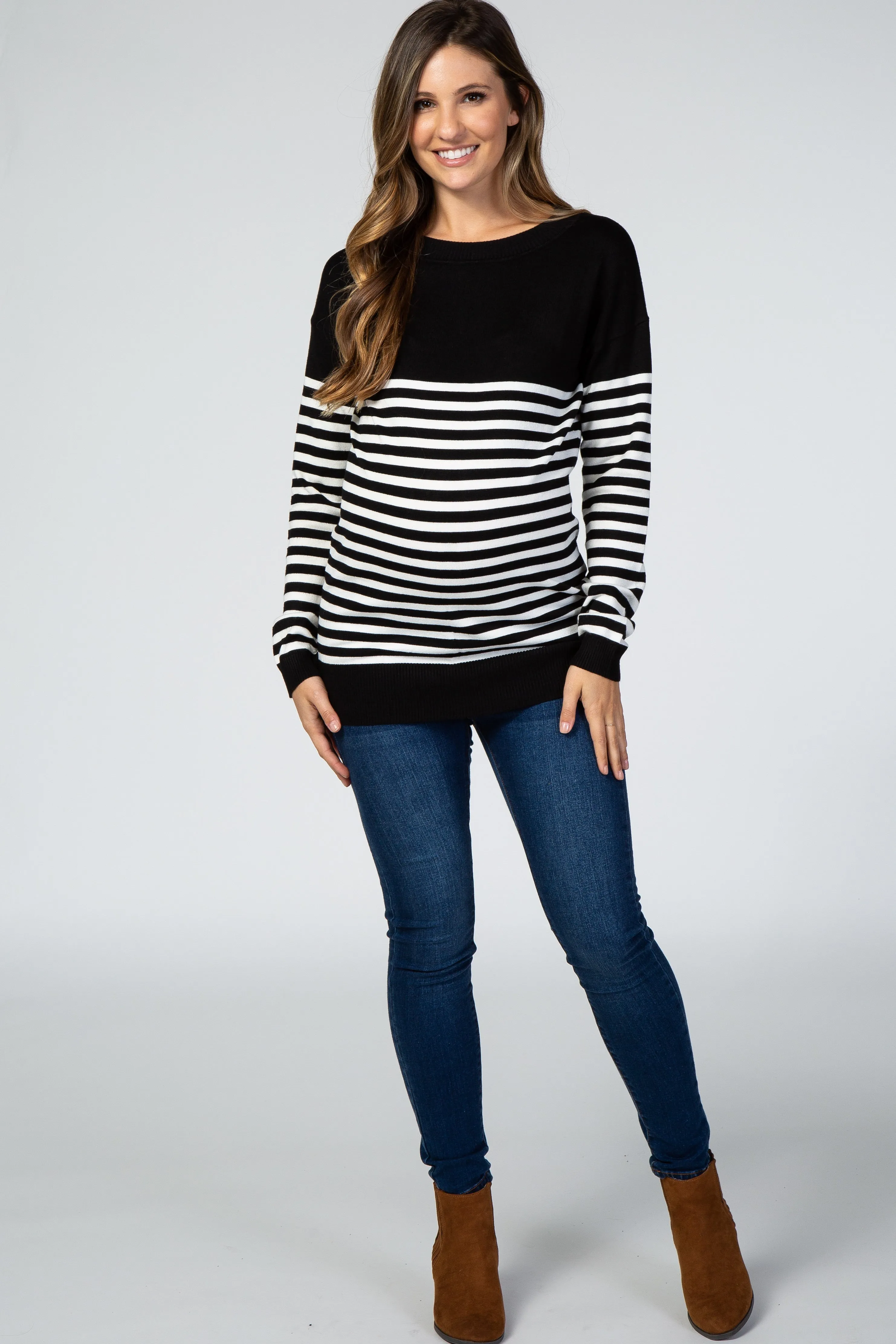 PinkBlush Black Striped Elbow Patch Knit Maternity Sweater sold by Pinkblush product image thumbnail 4