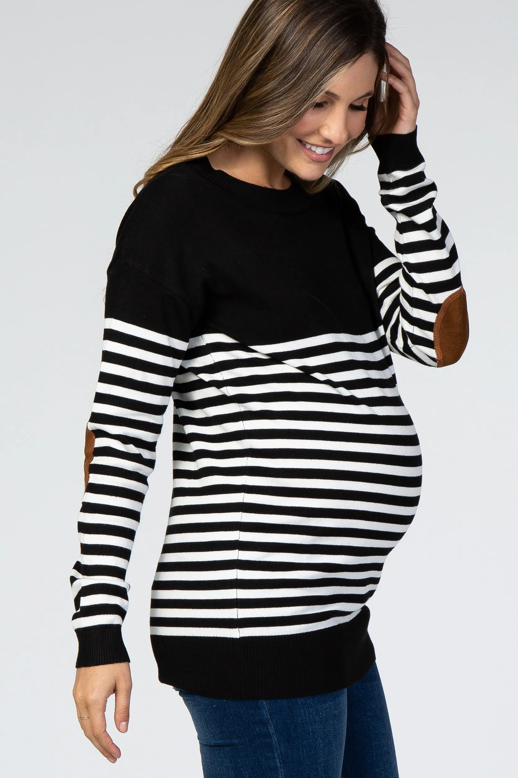 PinkBlush Black Striped Elbow Patch Knit Maternity Sweater sold by Pinkblush product image thumbnail 2