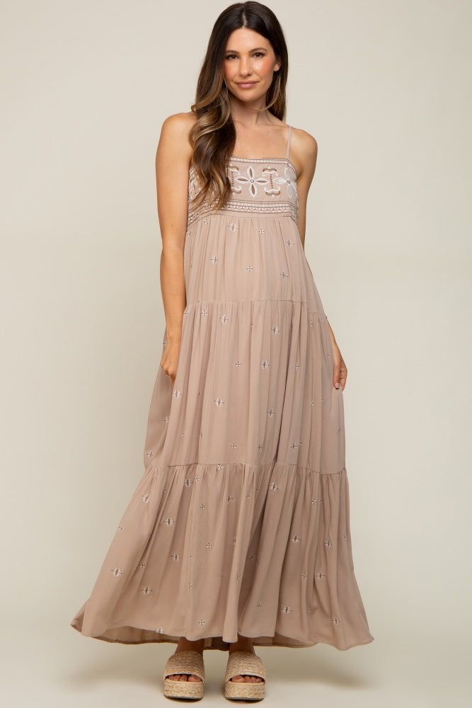 Light Mocha Floral Embroidered Tiered Maternity Maxi Dress sold by Pinkblush product image thumbnail 4