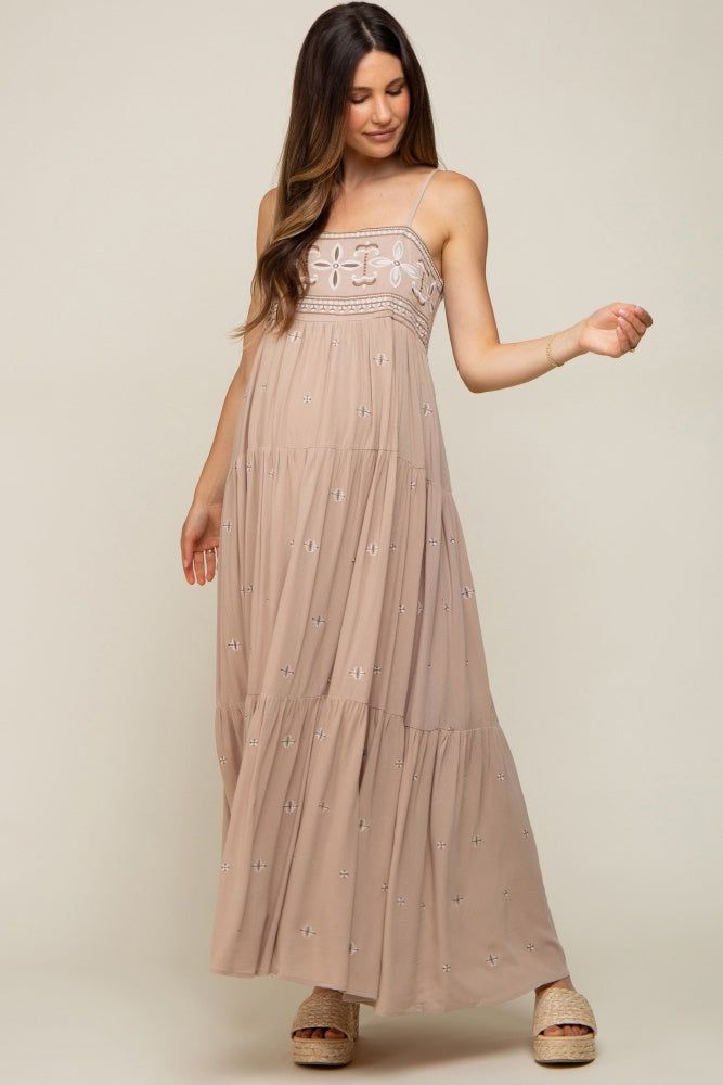 Light Mocha Floral Embroidered Tiered Maternity Maxi Dress sold by Pinkblush